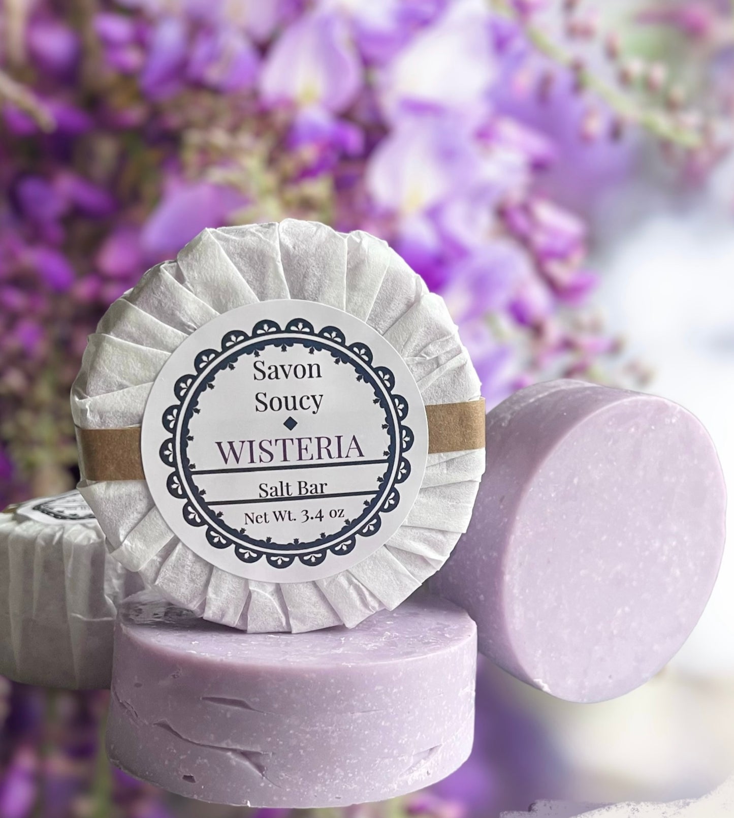 Wisteria Artisanal Scented Shower Bar with Himalayan Pink Salt, Cold Process Round Soap for Daily Bathtime Cleansing, Cute French Style