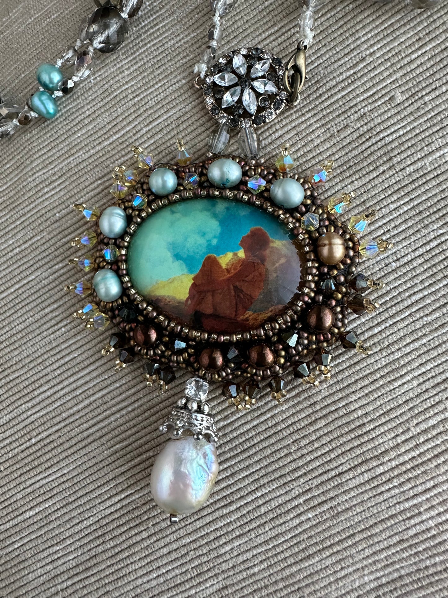 Morning Spring - Adjustable Double Layer Vintage Style Pendant Necklace with Freshwater Pearls & Glass Beads on Silk Cord; Hand Embroidery
