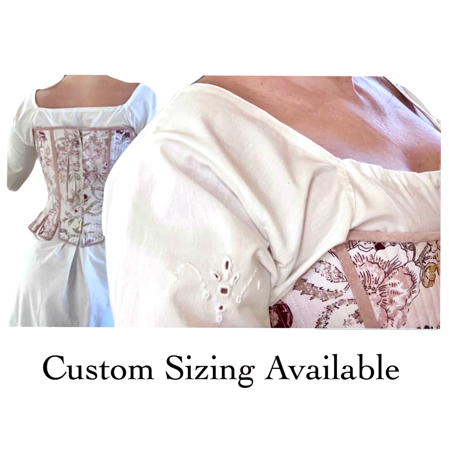 18th Century Pair of Strapless Stays Fully Boned with Spiral Back Lacing, Leather Trimmed Tabs, Ladies Historical Clothing Costumes, Floral