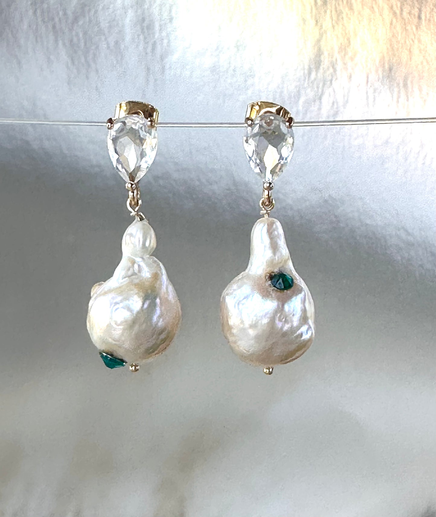 Cream Baroque Pearl Drop Earrings with Rose Overtone, Emerald Hued Crystal Embellished, Wedding Day Jewelry