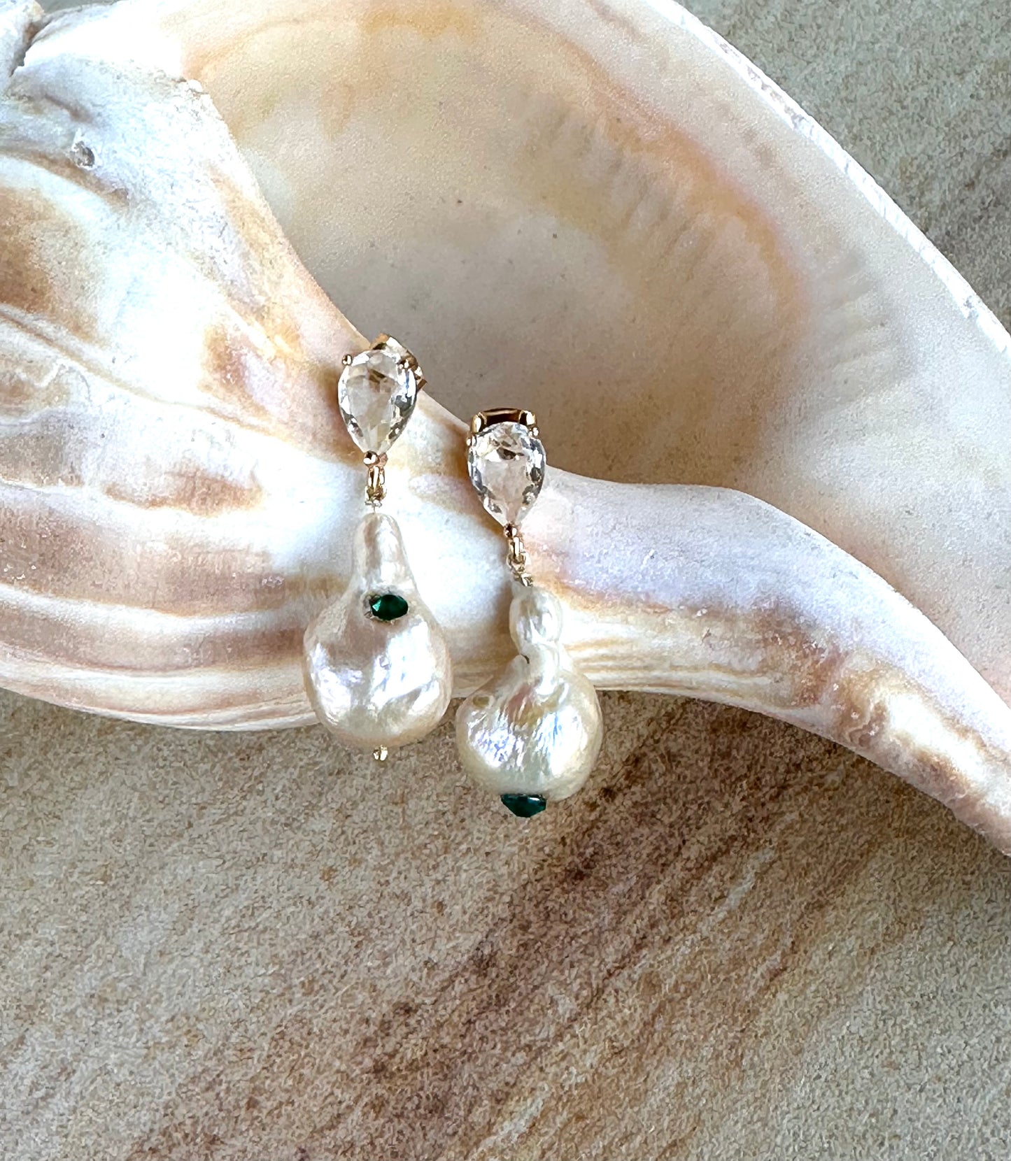 Cream Baroque Pearl Drop Earrings with Rose Overtone, Emerald Hued Crystal Embellished, Wedding Day Jewelry