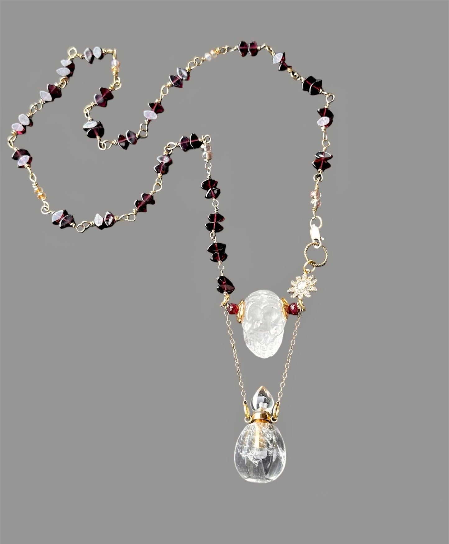Memento Mori Crystal Skull Garnet and Ruby Chain Necklace, 17th Century Style Pendant Wire Wrapped Jewelry Gold Filled and Plated