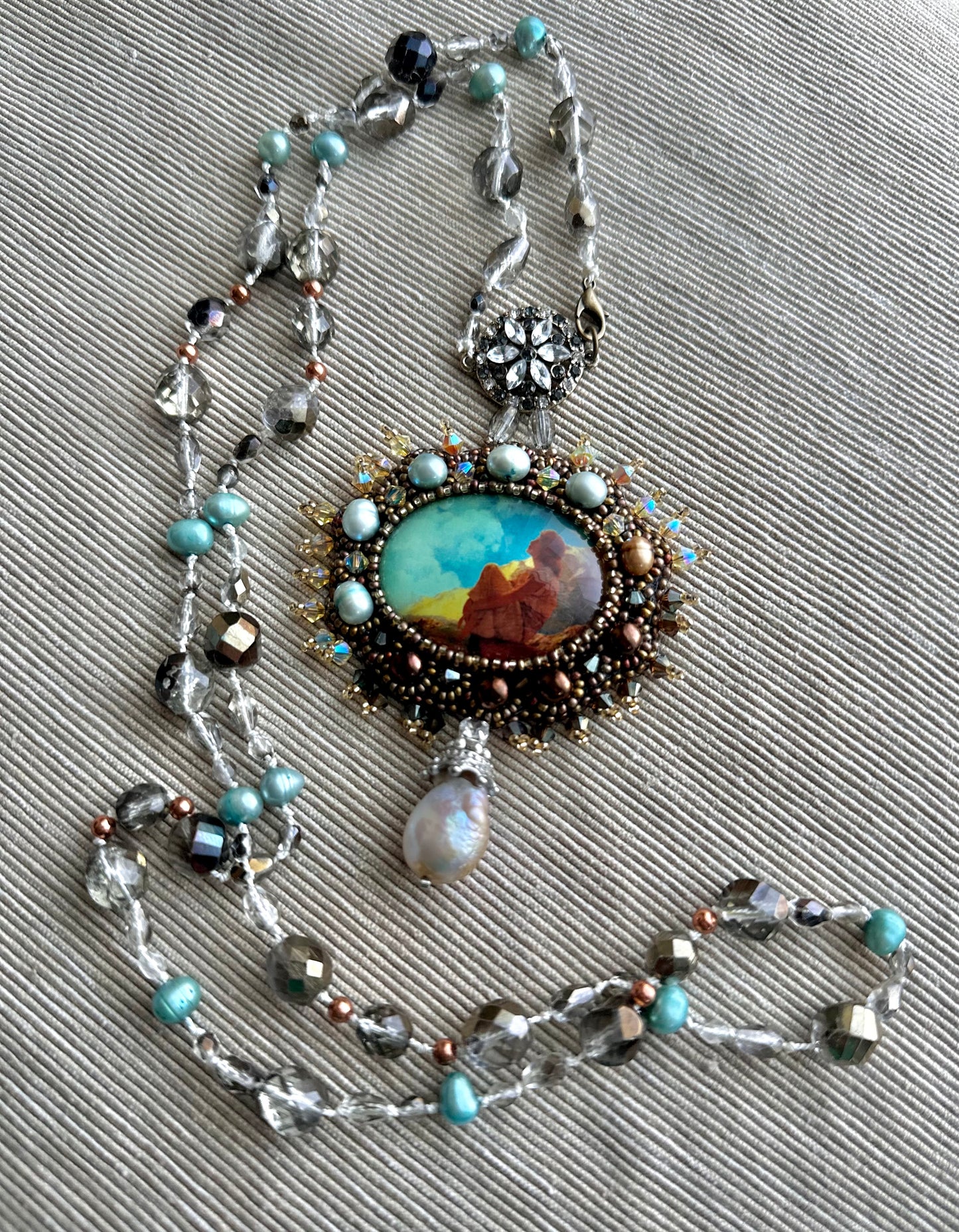 Morning Spring - Adjustable Double Layer Vintage Style Pendant Necklace with Freshwater Pearls & Glass Beads on Silk Cord; Hand Embroidery