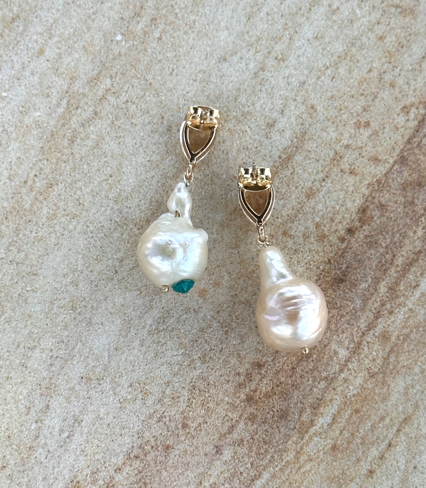 Cream Baroque Pearl Drop Earrings with Rose Overtone, Emerald Hued Crystal Embellished, Wedding Day Jewelry