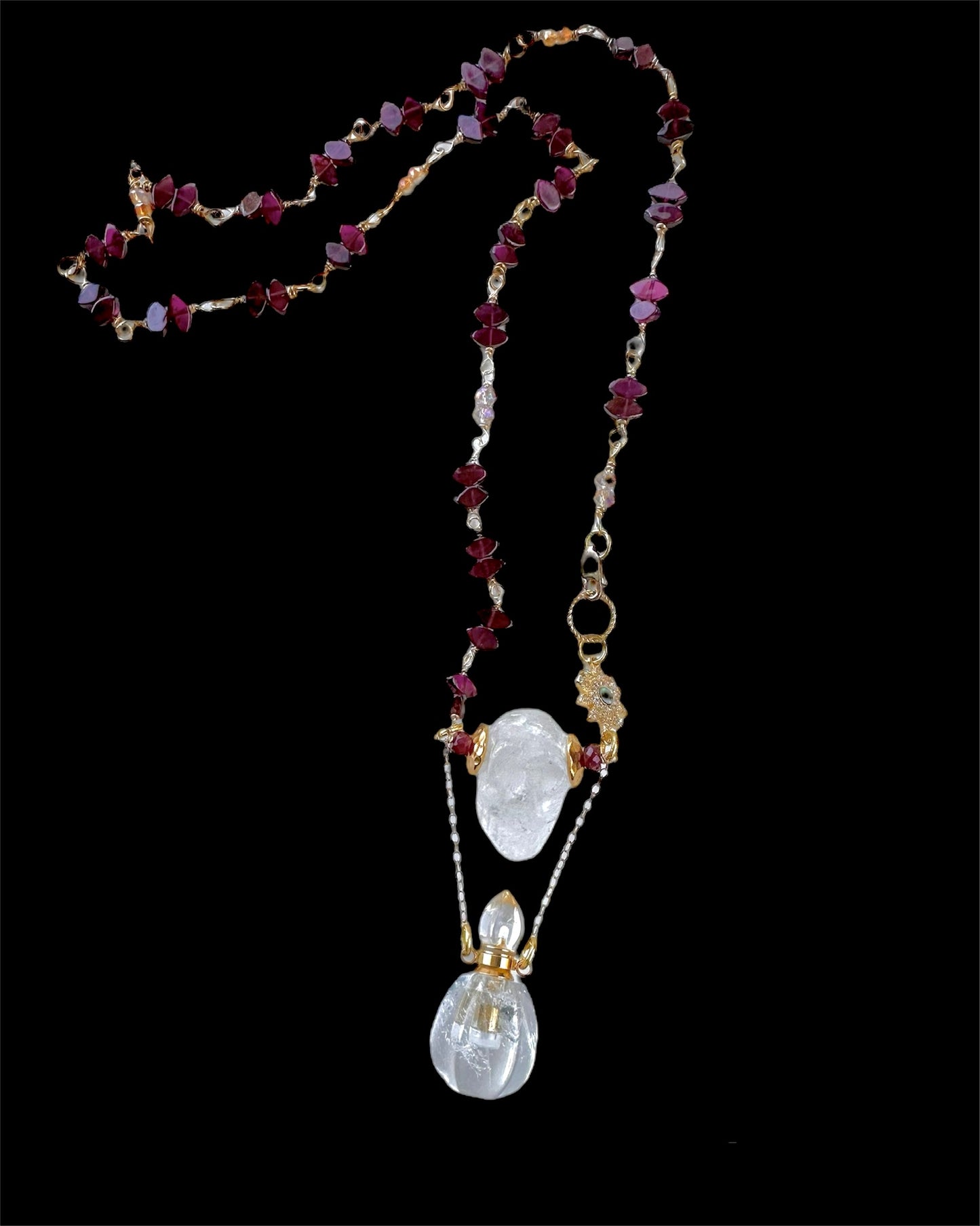 Memento Mori Crystal Skull Garnet and Ruby Chain Necklace, 17th Century Style Pendant Wire Wrapped Jewelry Gold Filled and Plated