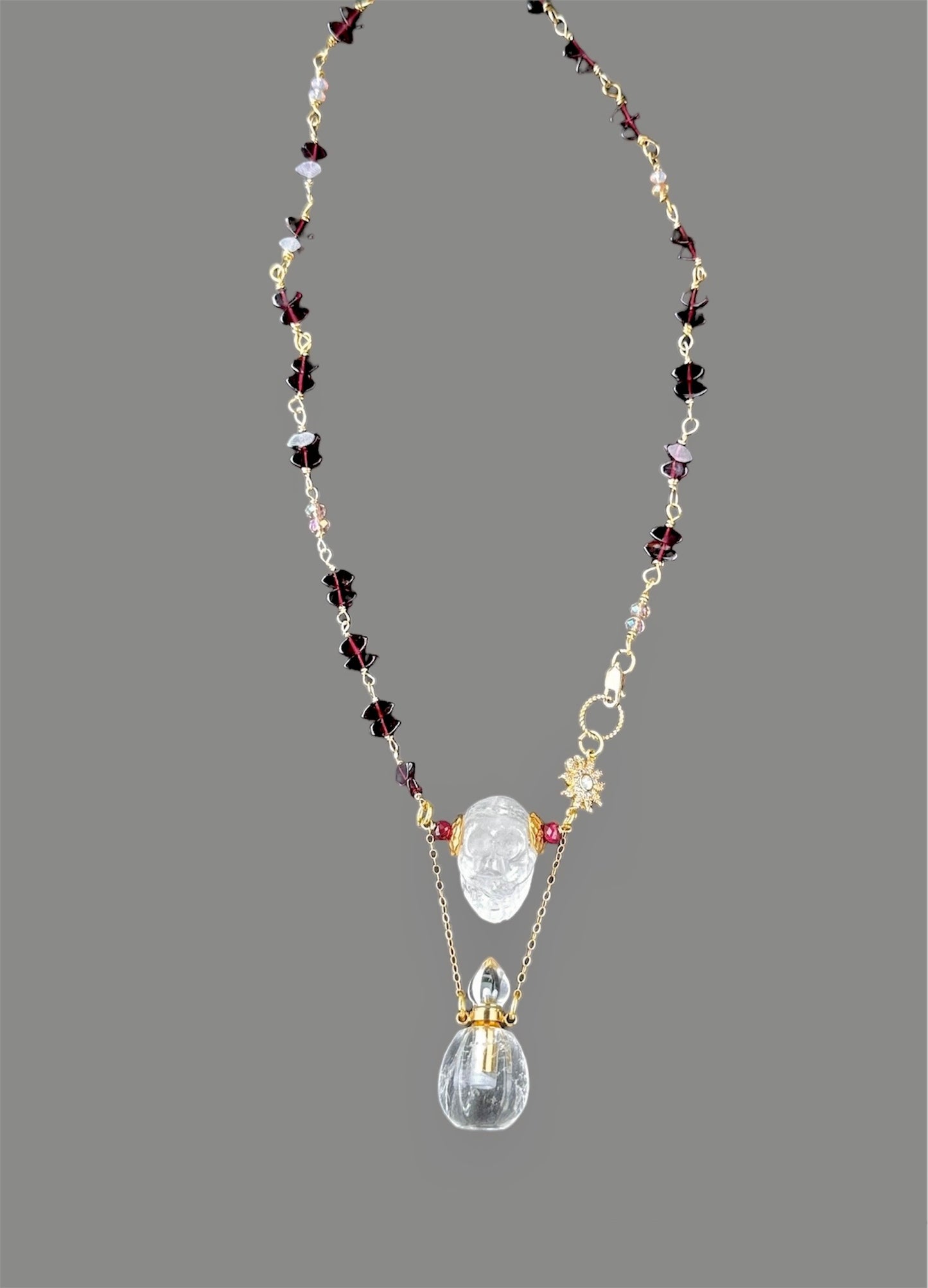 Memento Mori Crystal Skull Garnet and Ruby Chain Necklace, 17th Century Style Pendant Wire Wrapped Jewelry Gold Filled and Plated