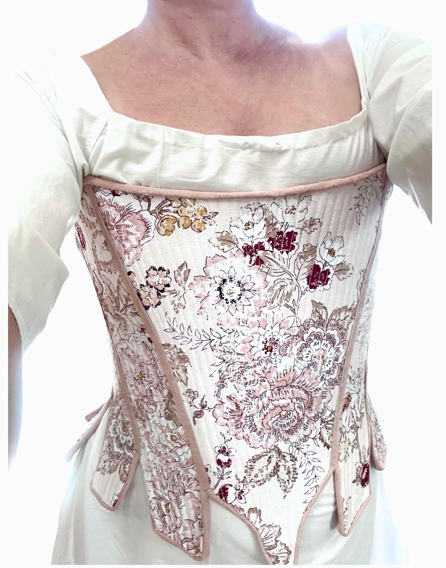 18th Century Pair of Strapless Stays Fully Boned with Spiral Back Lacing, Leather Trimmed Tabs, Ladies Historical Clothing Costumes, Floral