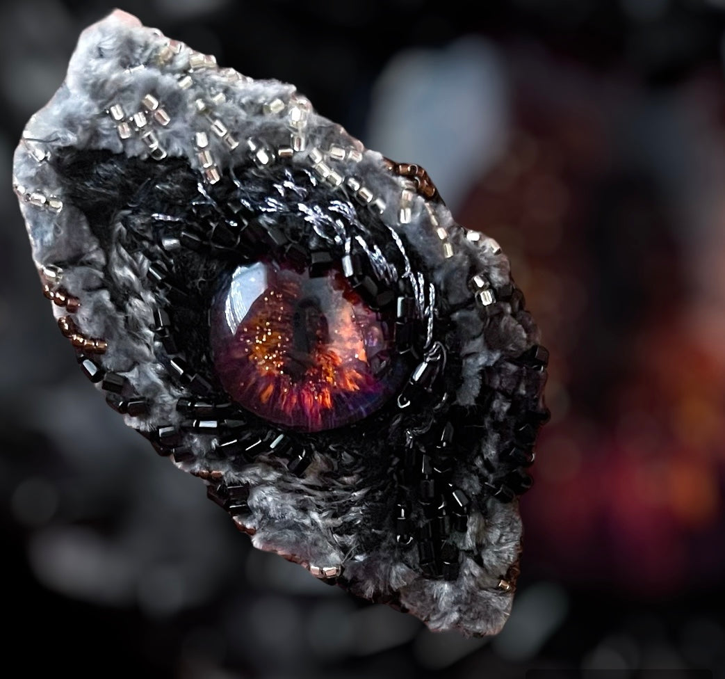 Fiery Fox Fiber Art Embroidery Necklace with Hand Painted Glass on Silk Ribbon, Animal Eye Jewelry, Fairytale Woodland Cosplay