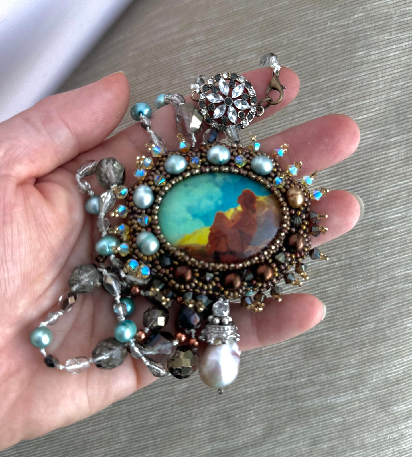 Morning Spring - Adjustable Double Layer Vintage Style Pendant Necklace with Freshwater Pearls & Glass Beads on Silk Cord; Hand Embroidery