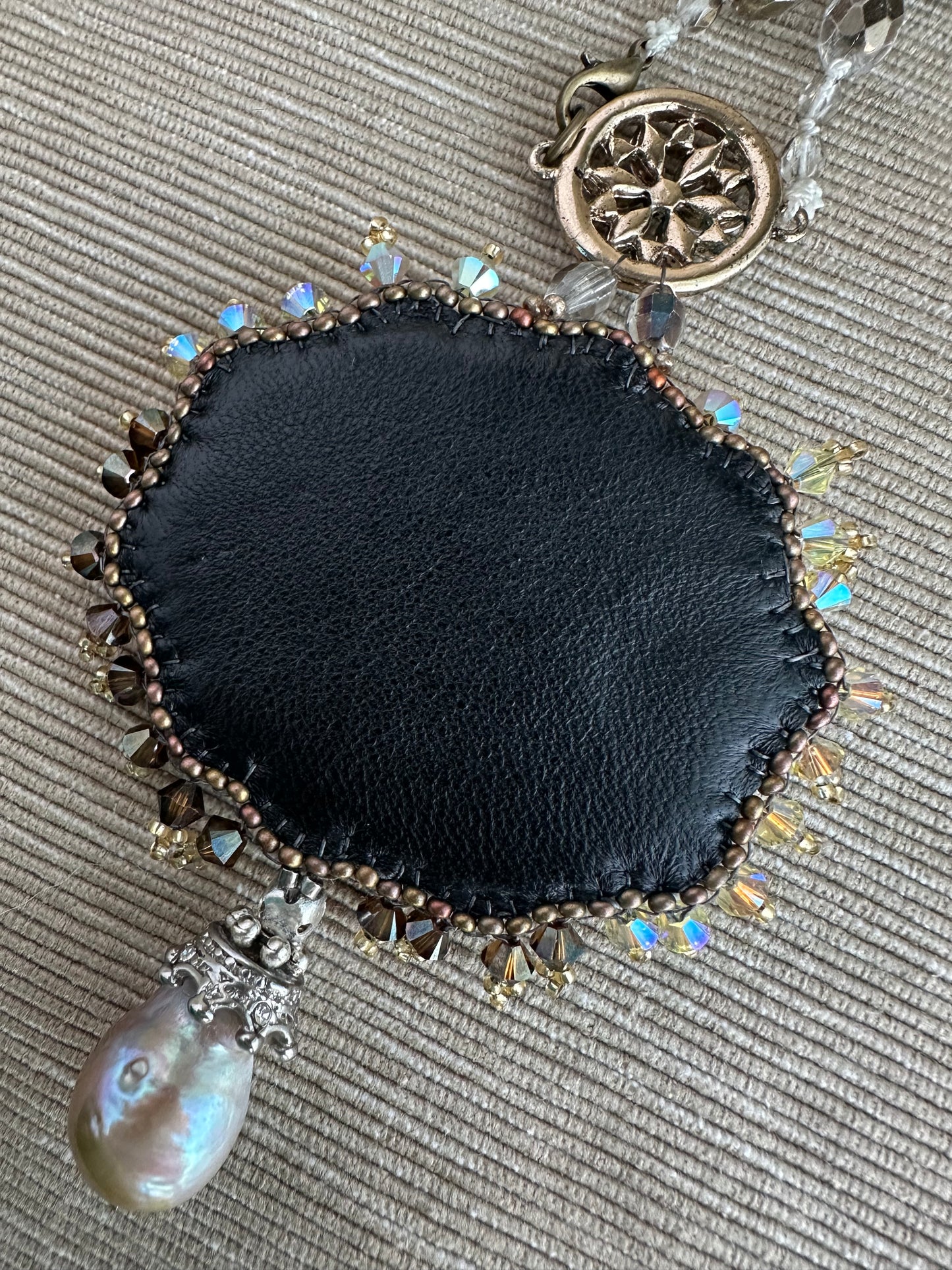 Morning Spring - Adjustable Double Layer Vintage Style Pendant Necklace with Freshwater Pearls & Glass Beads on Silk Cord; Hand Embroidery