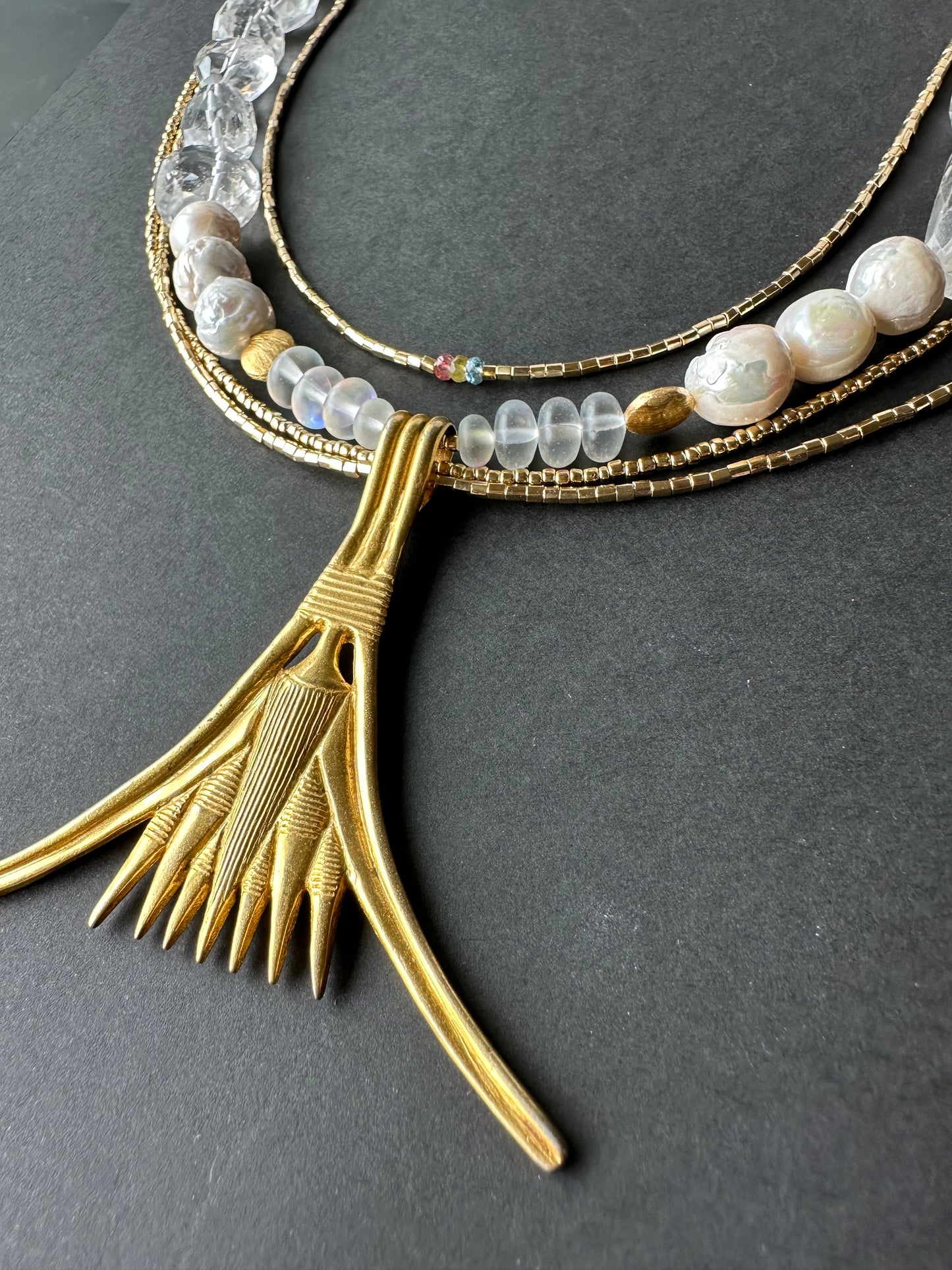 Tefnut Ancient Egyptian Jewel Treasures -  Multistrand Necklace with Large Lotus Flower Pendant, Gold Plated Beads, Rock Crystal, Tourmaline