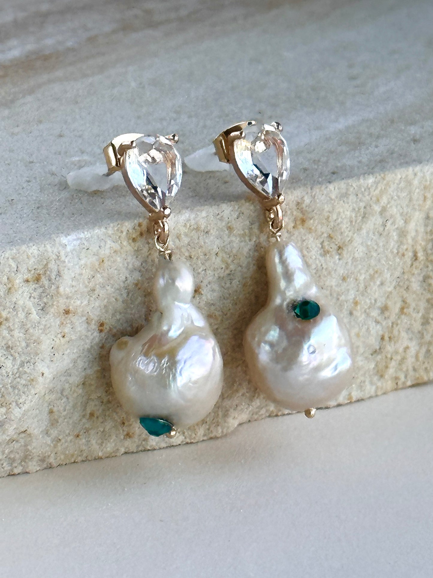 Cream Baroque Pearl Drop Earrings with Rose Overtone, Emerald Hued Crystal Embellished, Wedding Day Jewelry