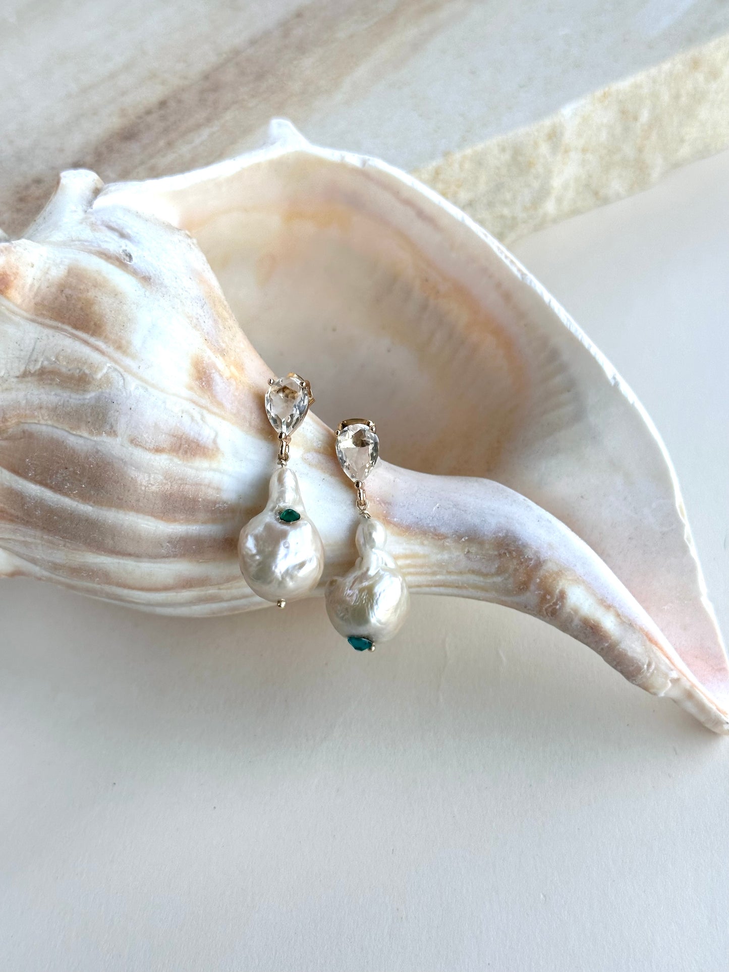Cream Baroque Pearl Drop Earrings with Rose Overtone, Emerald Hued Crystal Embellished, Wedding Day Jewelry