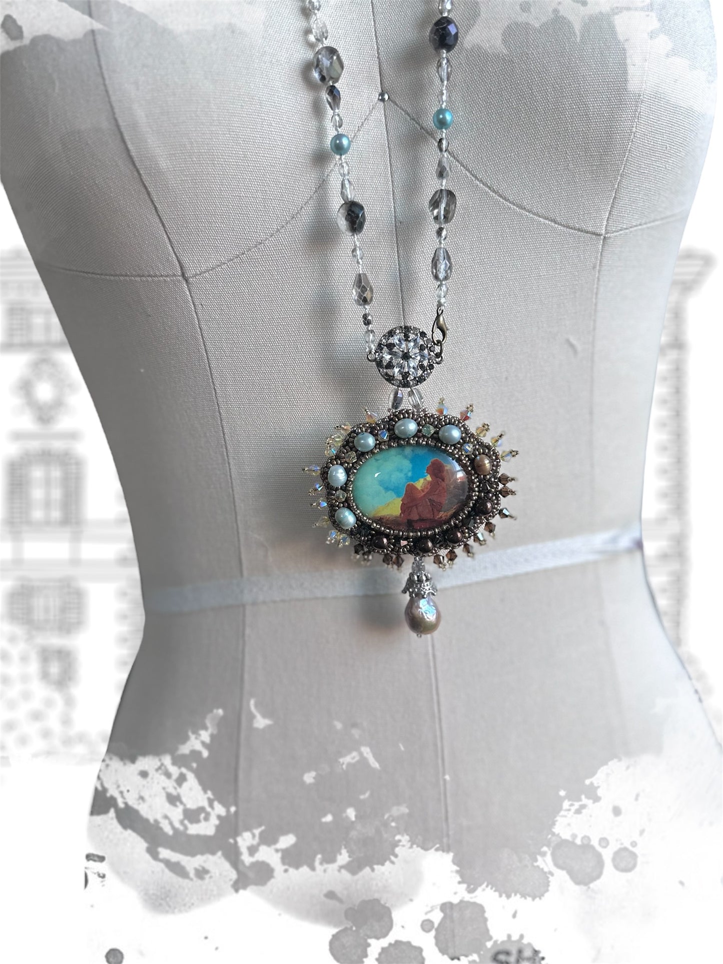 Morning Spring - Adjustable Double Layer Vintage Style Pendant Necklace with Freshwater Pearls & Glass Beads on Silk Cord; Hand Embroidery