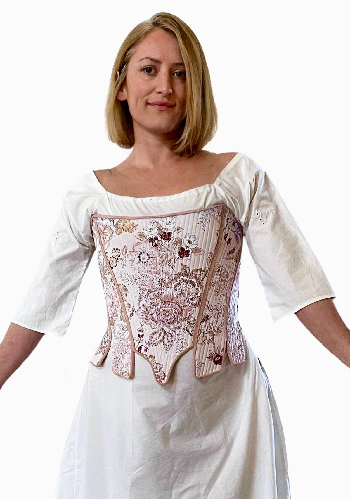 18th Century Pair of Strapless Stays Fully Boned with Spiral Back Lacing, Leather Trimmed Tabs, Ladies Historical Clothing Costumes, Floral