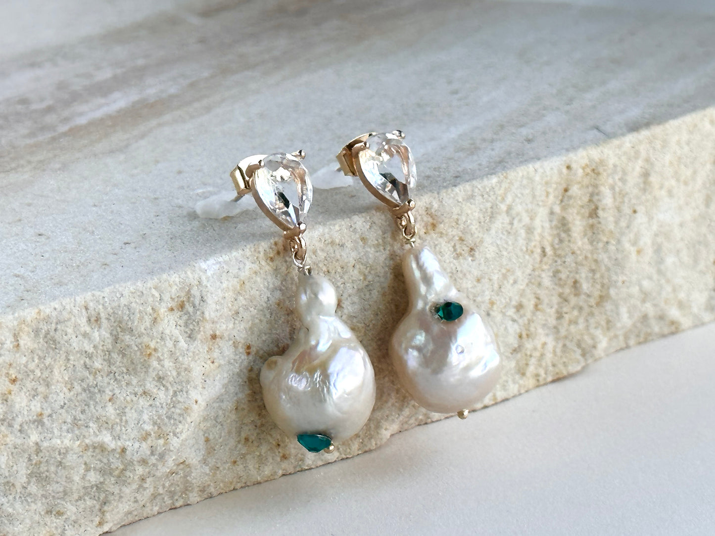 Cream Baroque Pearl Drop Earrings with Rose Overtone, Emerald Hued Crystal Embellished, Wedding Day Jewelry