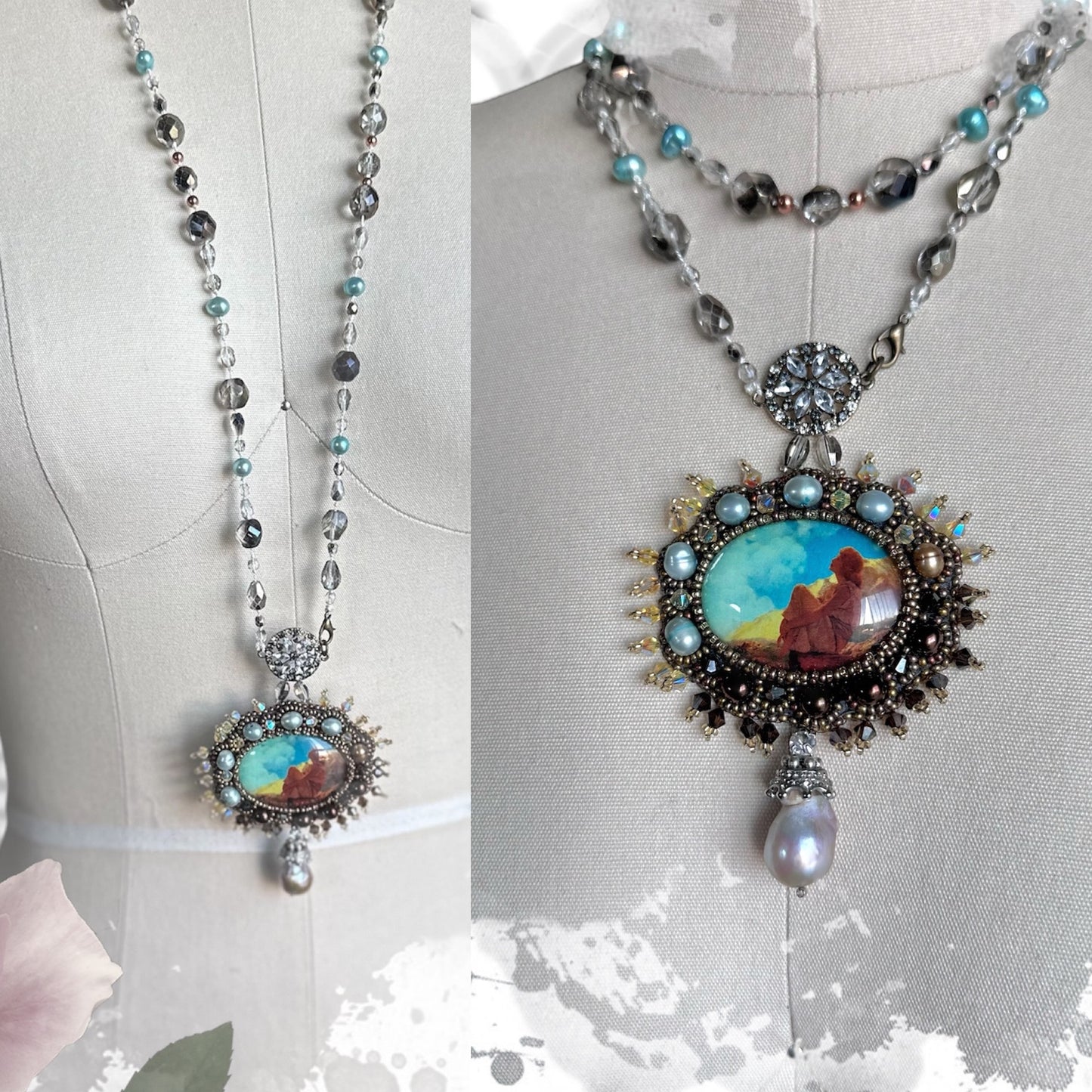 Morning Spring - Adjustable Double Layer Vintage Style Pendant Necklace with Freshwater Pearls & Glass Beads on Silk Cord; Hand Embroidery