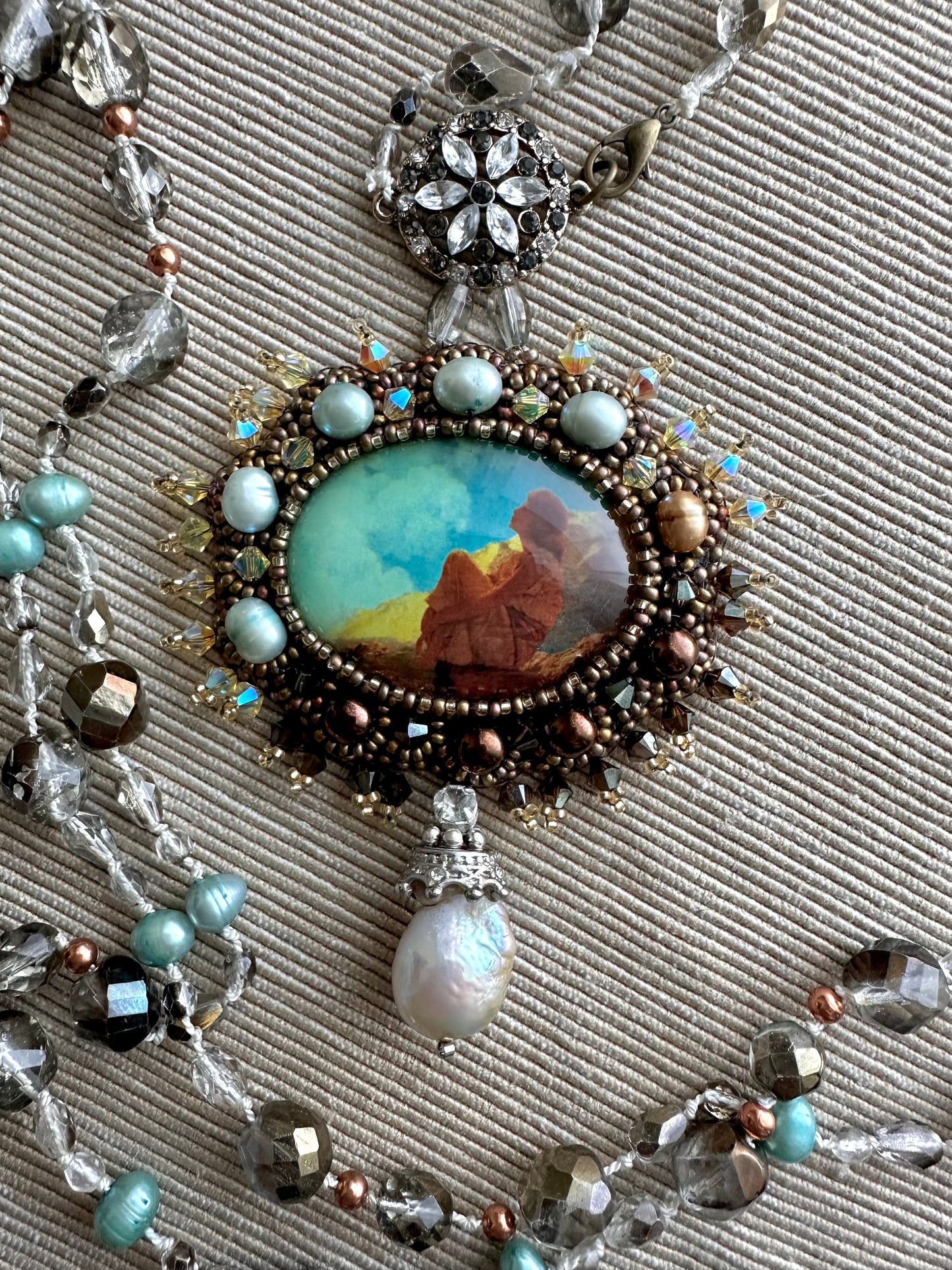 Morning Spring - Adjustable Double Layer Vintage Style Pendant Necklace with Freshwater Pearls & Glass Beads on Silk Cord; Hand Embroidery