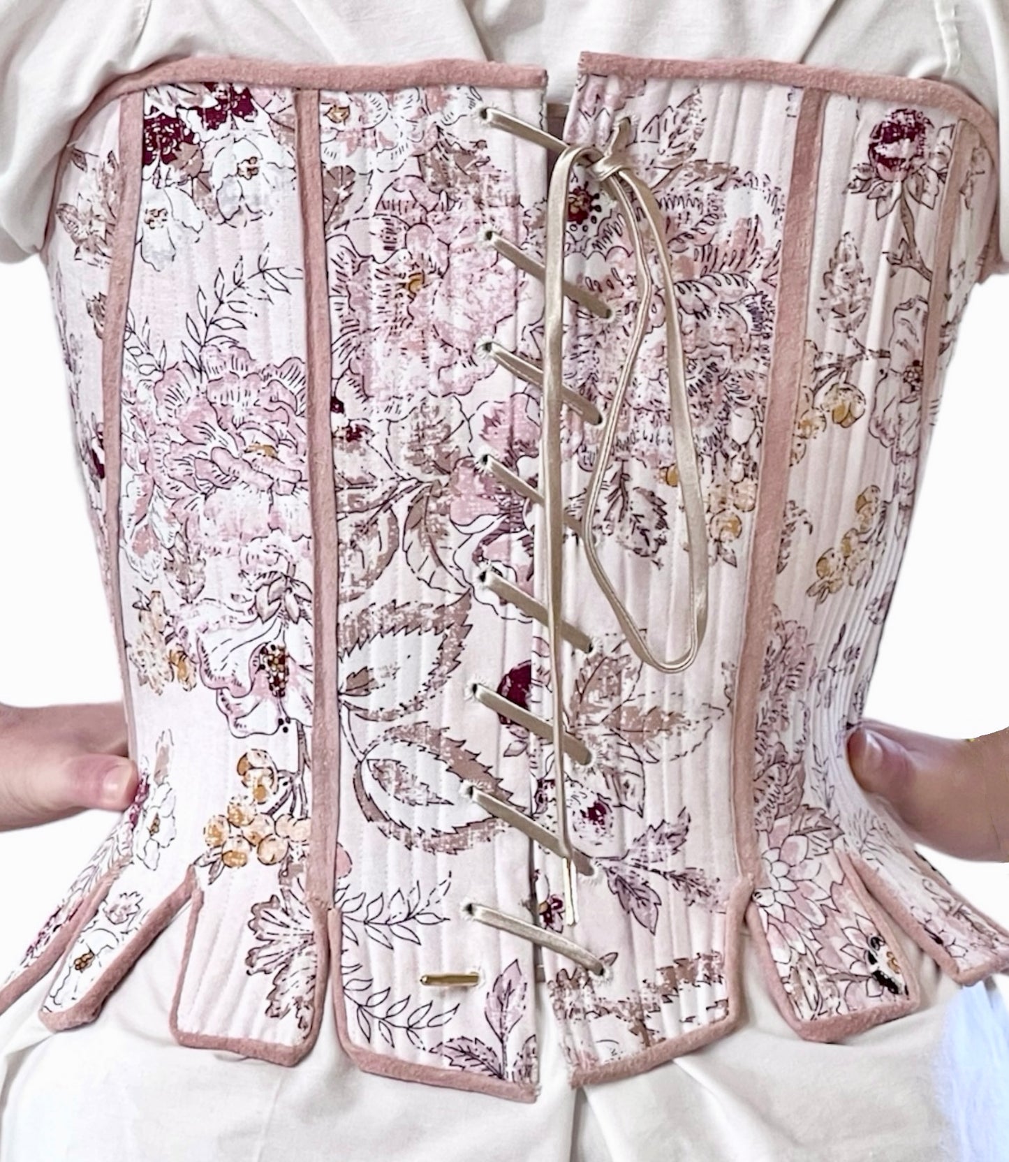 18th Century Pair of Strapless Stays Fully Boned with Spiral Back Lacing, Leather Trimmed Tabs, Ladies Historical Clothing Costumes, Floral