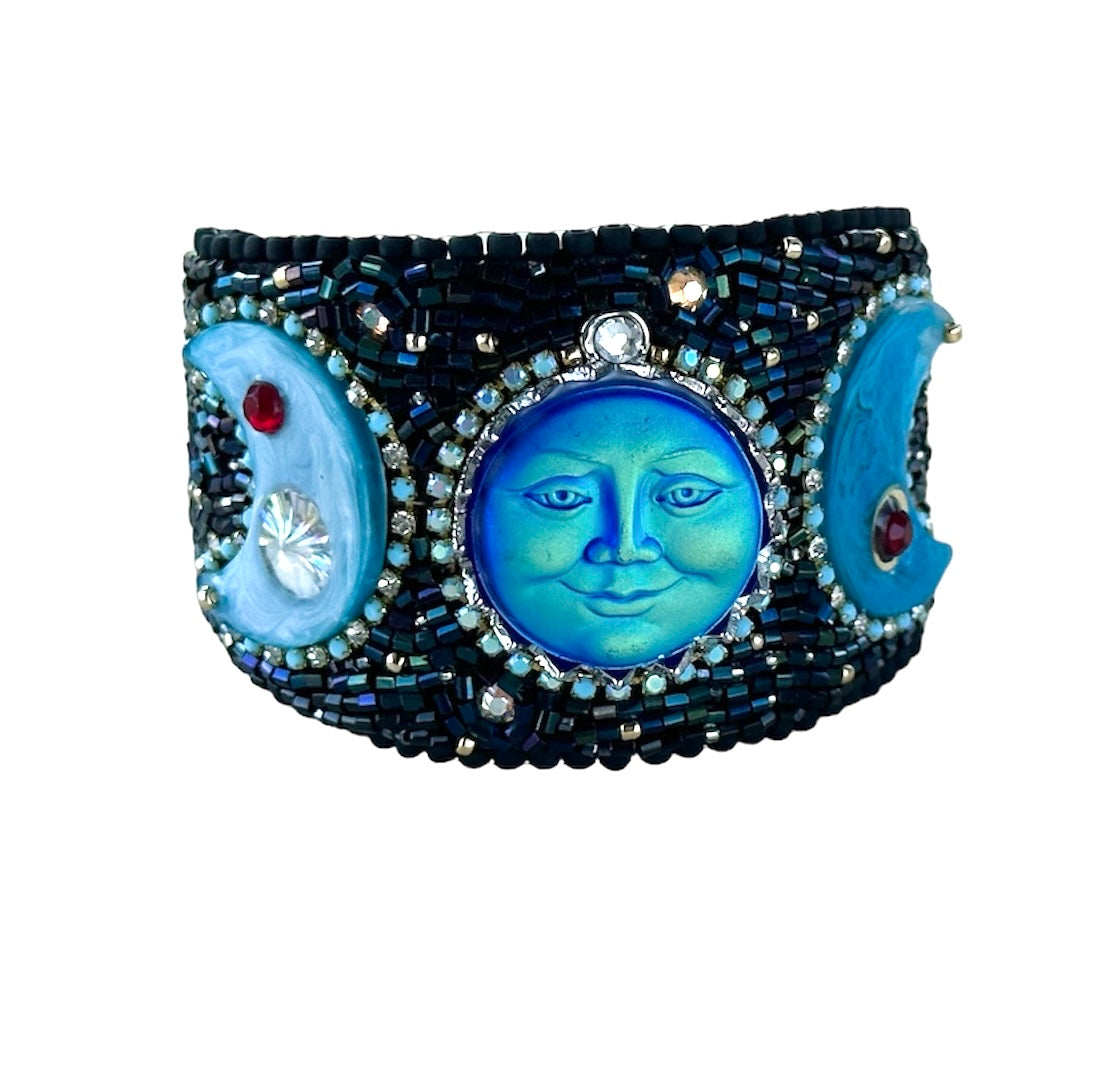 Lunar Phases Hand Bead Embroidered Adjustable Bracelet Cuff with Iridiscent Glass Face Stone, Celestial Night Sky with Full Blue Moon