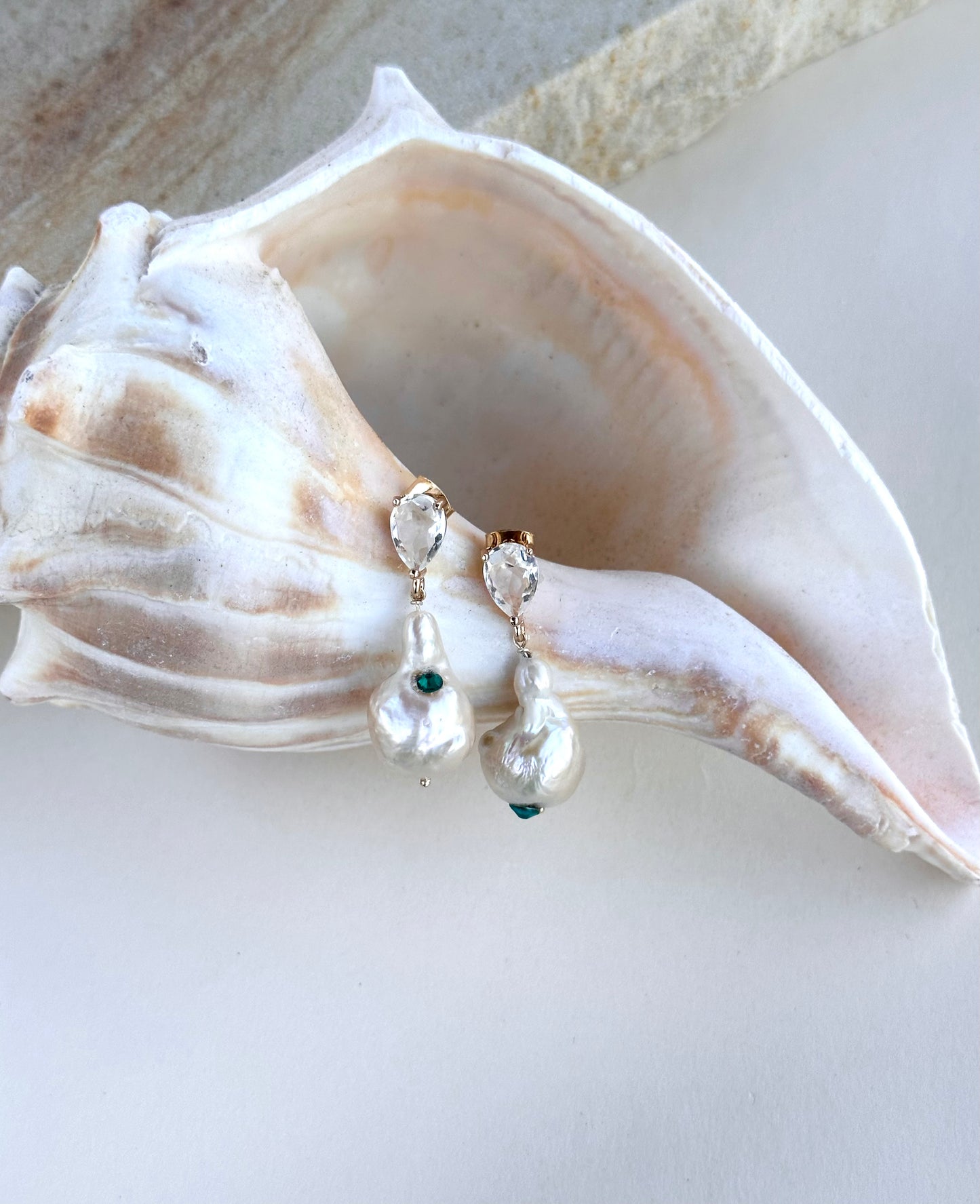 Cream Baroque Pearl Drop Earrings with Rose Overtone, Emerald Hued Crystal Embellished, Wedding Day Jewelry