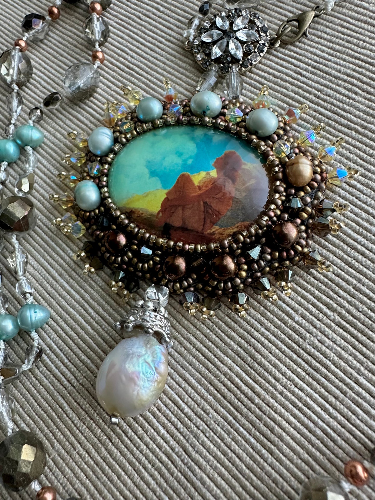 Morning Spring - Adjustable Double Layer Vintage Style Pendant Necklace with Freshwater Pearls & Glass Beads on Silk Cord; Hand Embroidery