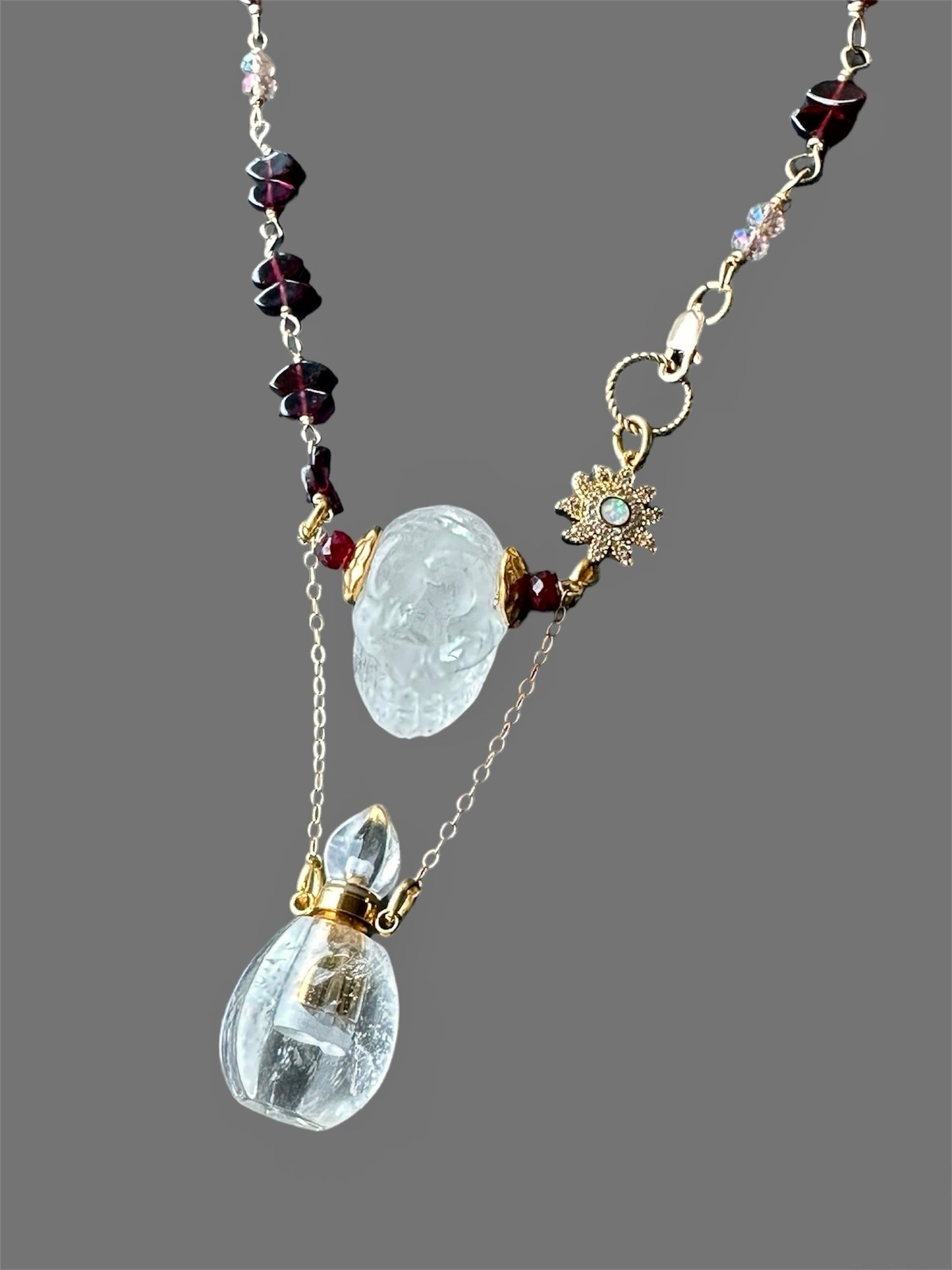 Memento Mori Crystal Skull Garnet and Ruby Chain Necklace, 17th Century Style Pendant Wire Wrapped Jewelry Gold Filled and Plated