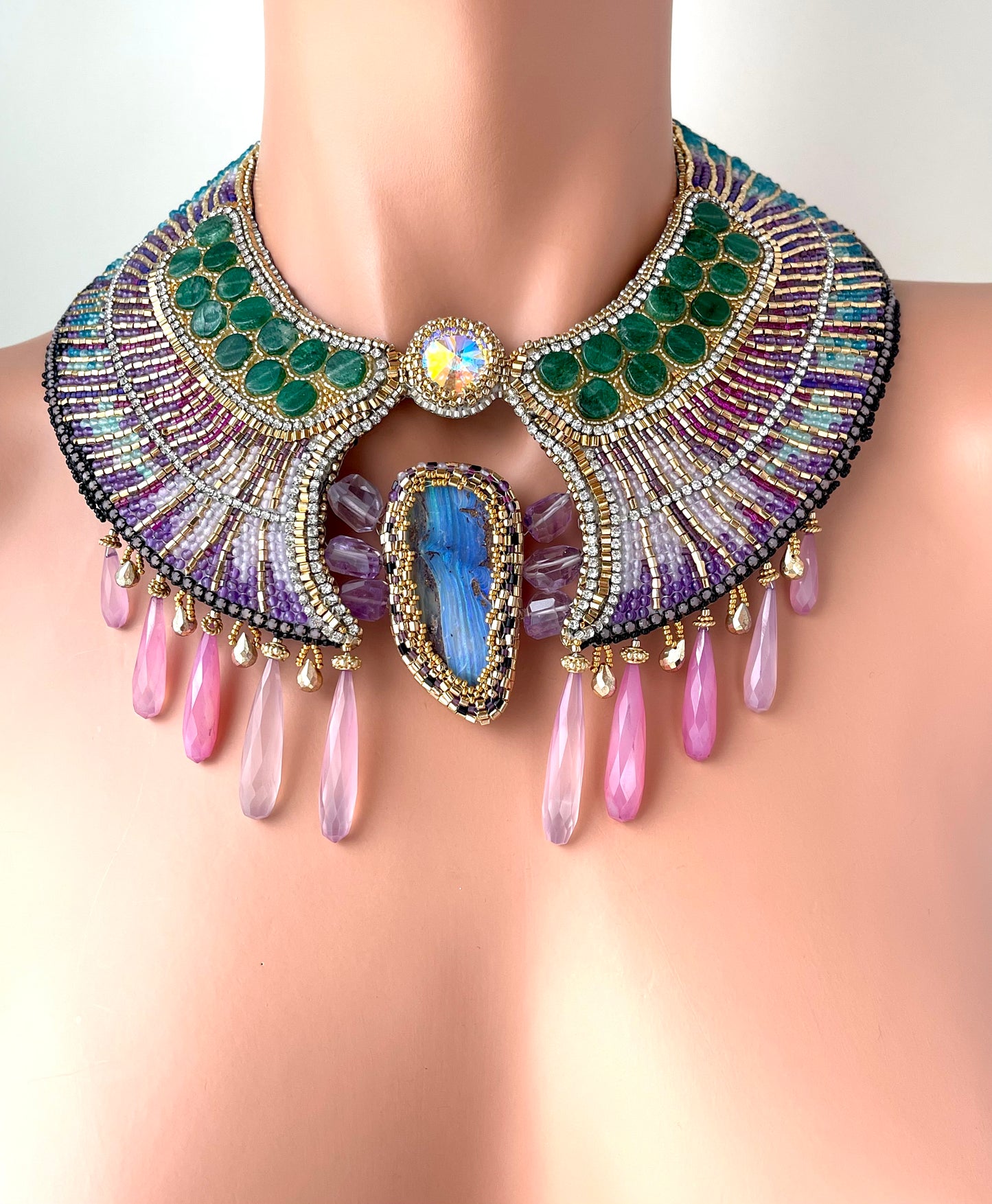 Gardens of Babylon Exquiste Art Embroidery Collar Necklace with Stylized Sacarab, Rubies, Glass & Gemstones; Special Statement Necklace Gift