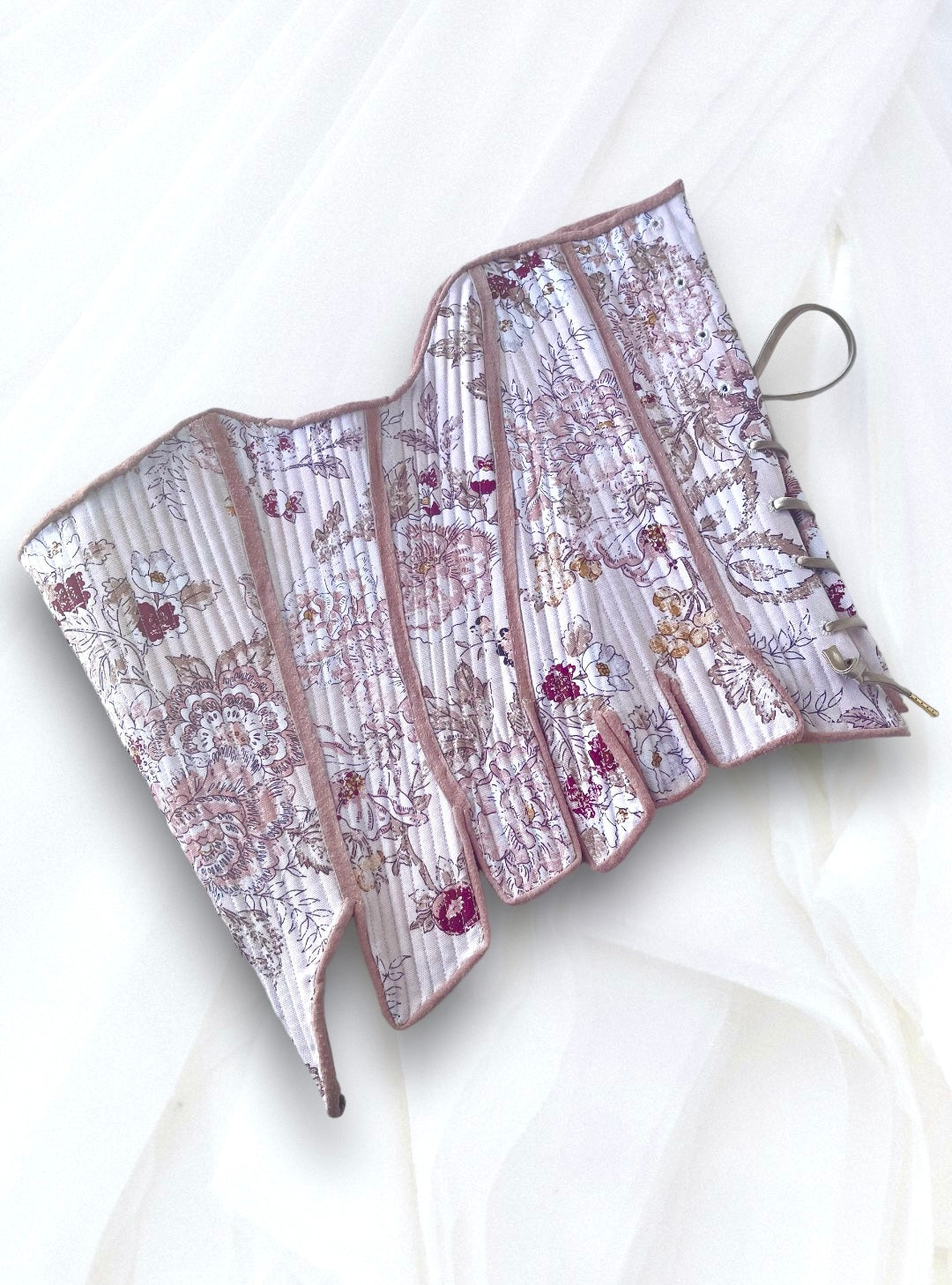 18th Century Pair of Strapless Stays Fully Boned with Spiral Back Lacing, Leather Trimmed Tabs, Ladies Historical Clothing Costumes, Floral