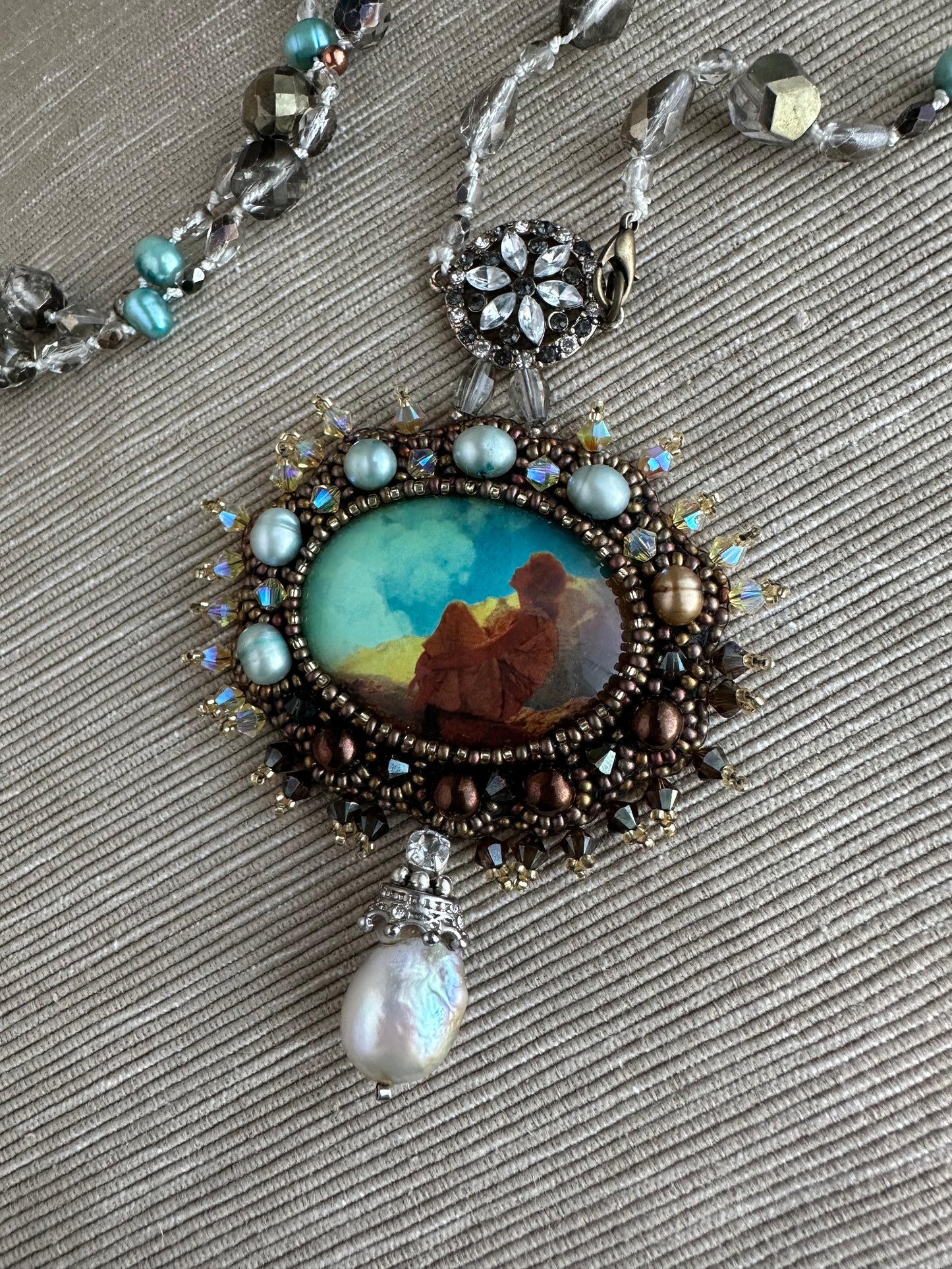 Morning Spring - Adjustable Double Layer Vintage Style Pendant Necklace with Freshwater Pearls & Glass Beads on Silk Cord; Hand Embroidery