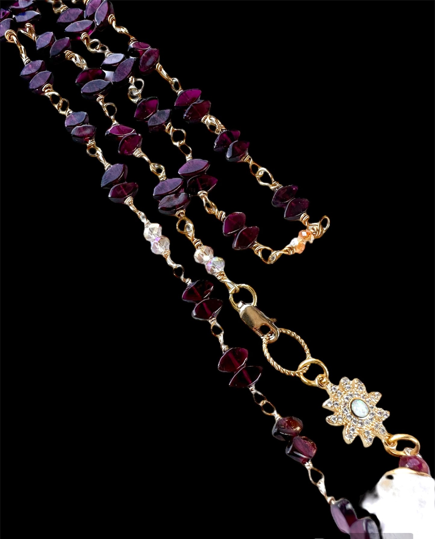 Memento Mori Crystal Skull Garnet and Ruby Chain Necklace, 17th Century Style Pendant Wire Wrapped Jewelry Gold Filled and Plated