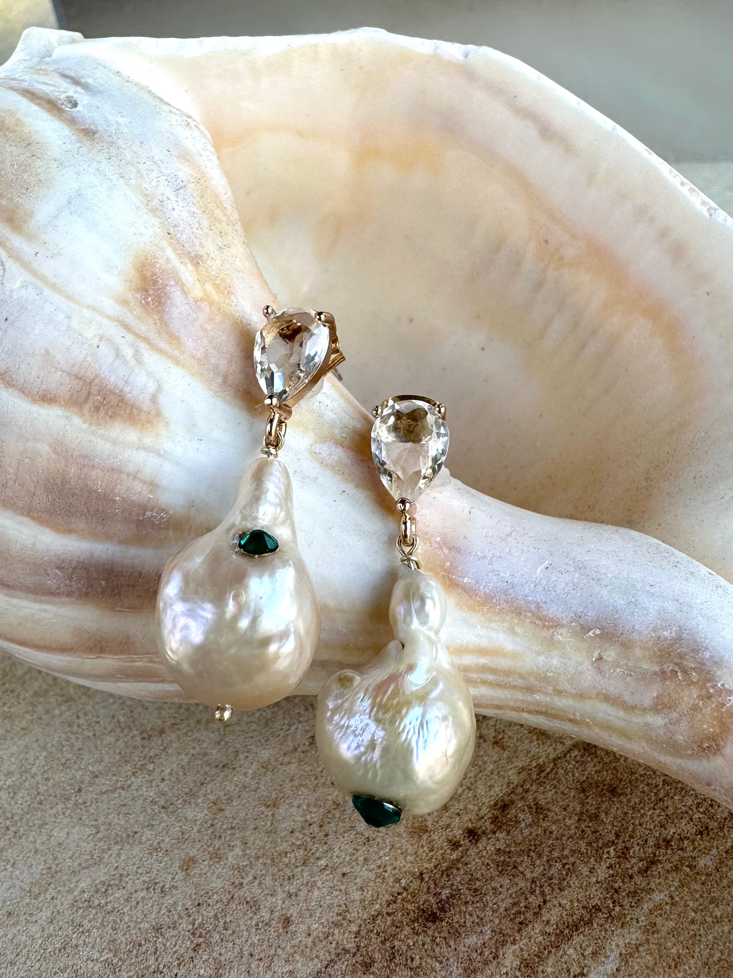 Cream Baroque Pearl Drop Earrings with Rose Overtone, Emerald Hued Crystal Embellished, Wedding Day Jewelry