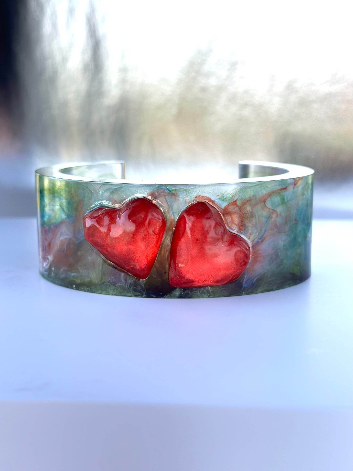 Vibrant Vintage Inspired Abstract Art Resin Cuff Bracelet with Red Hearts Inlay, Mid Century Style Colorful Clear Bangle, Friendship Gifts