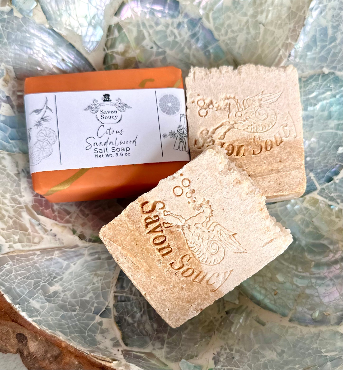 Crisp Citrus & Sandalwood Scented Sea Salt Shower Bar with Coconut Oil and Shea Butter 3.6 OZ; Fresh Zesty Unisex Perfumed Soap Energizing
