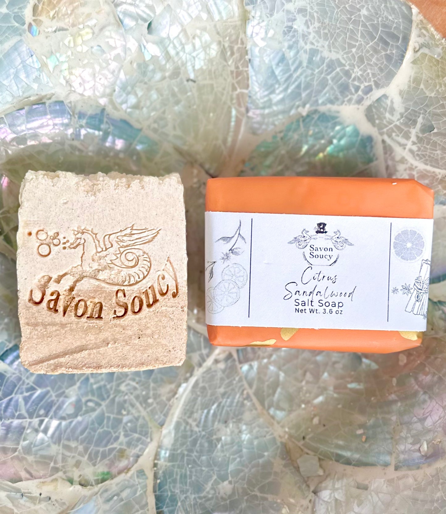 Crisp Citrus & Sandalwood Scented Sea Salt Shower Bar with Coconut Oil and Shea Butter 3.6 OZ; Fresh Zesty Unisex Perfumed Soap Energizing