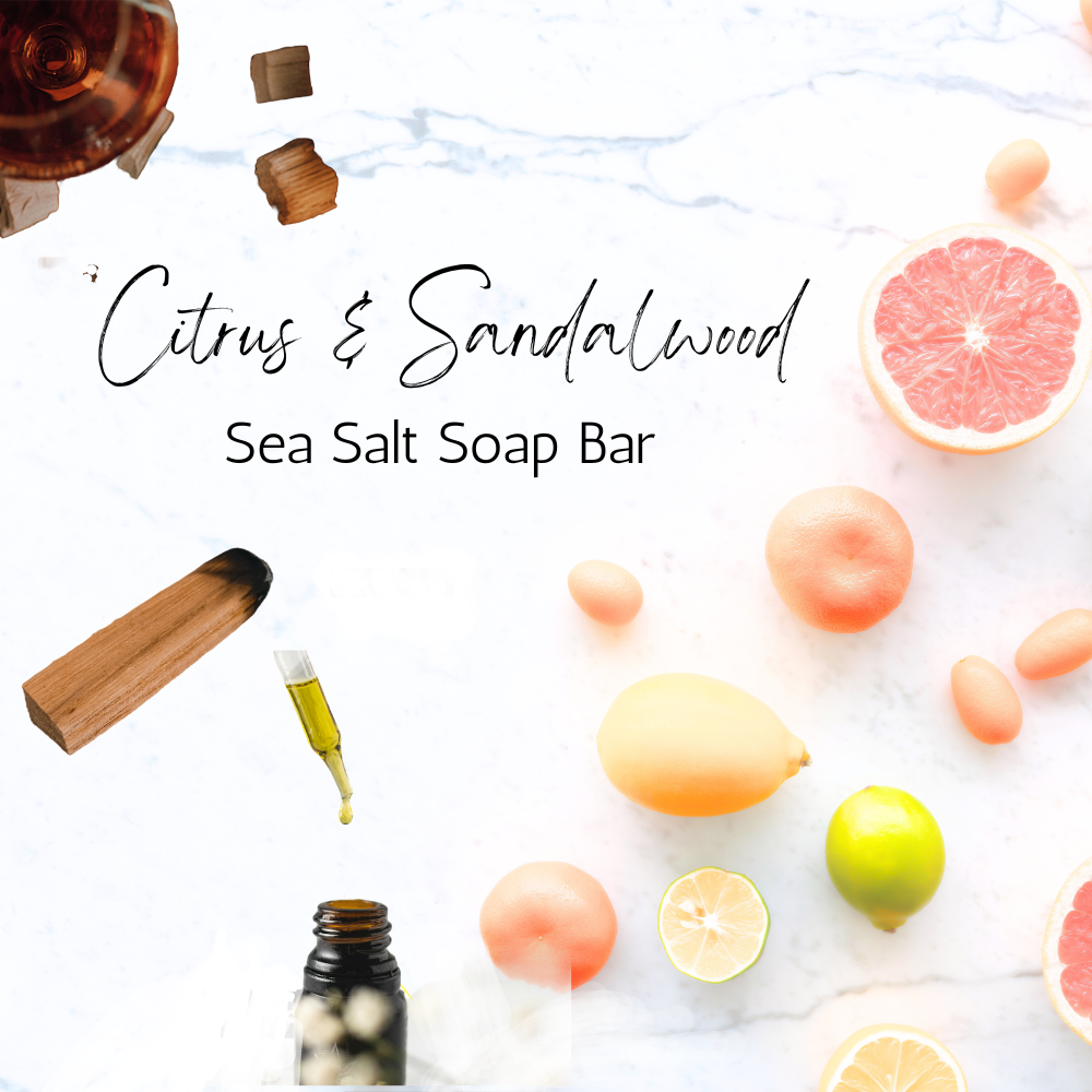 Crisp Citrus & Sandalwood Scented Sea Salt Shower Bar with Coconut Oil and Shea Butter 3.6 OZ; Fresh Zesty Unisex Perfumed Soap Energizing