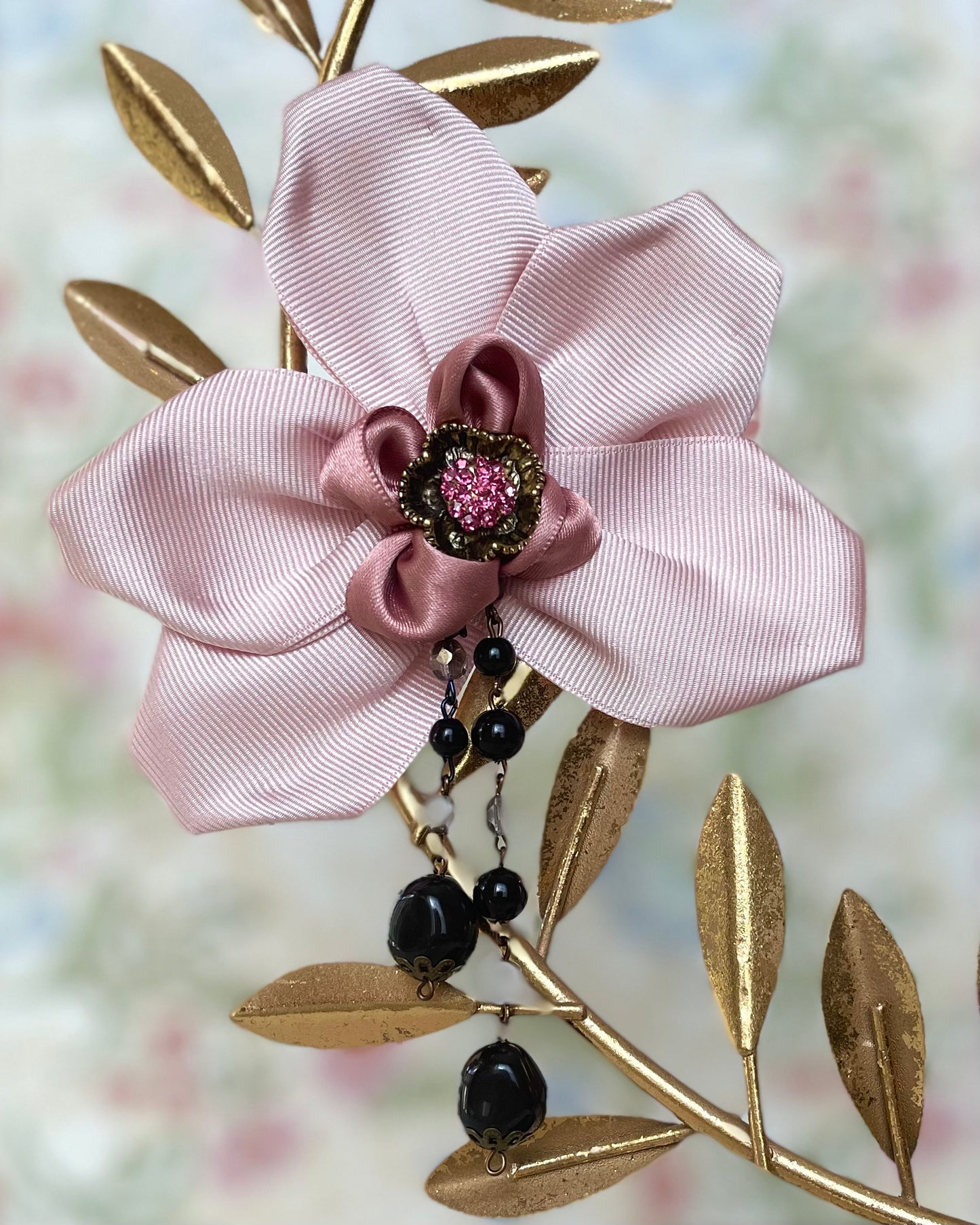 Ribbon Orchid Satin Floral Brooch with Black Pearls