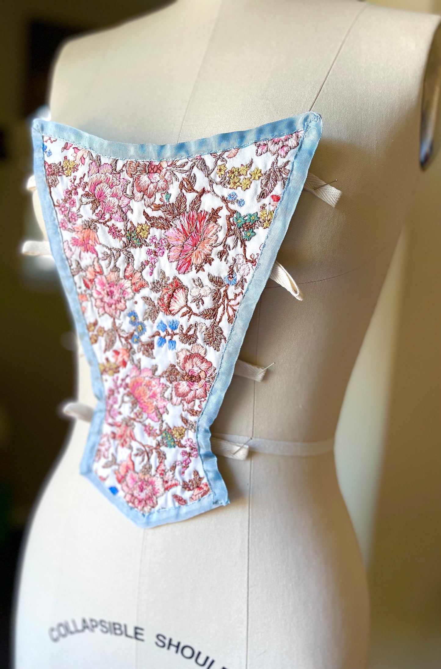 18th Century French Stomacher Opulent Hand Embroidery in Floral Pink and Metallic Thread, 1700s Historical Costumes