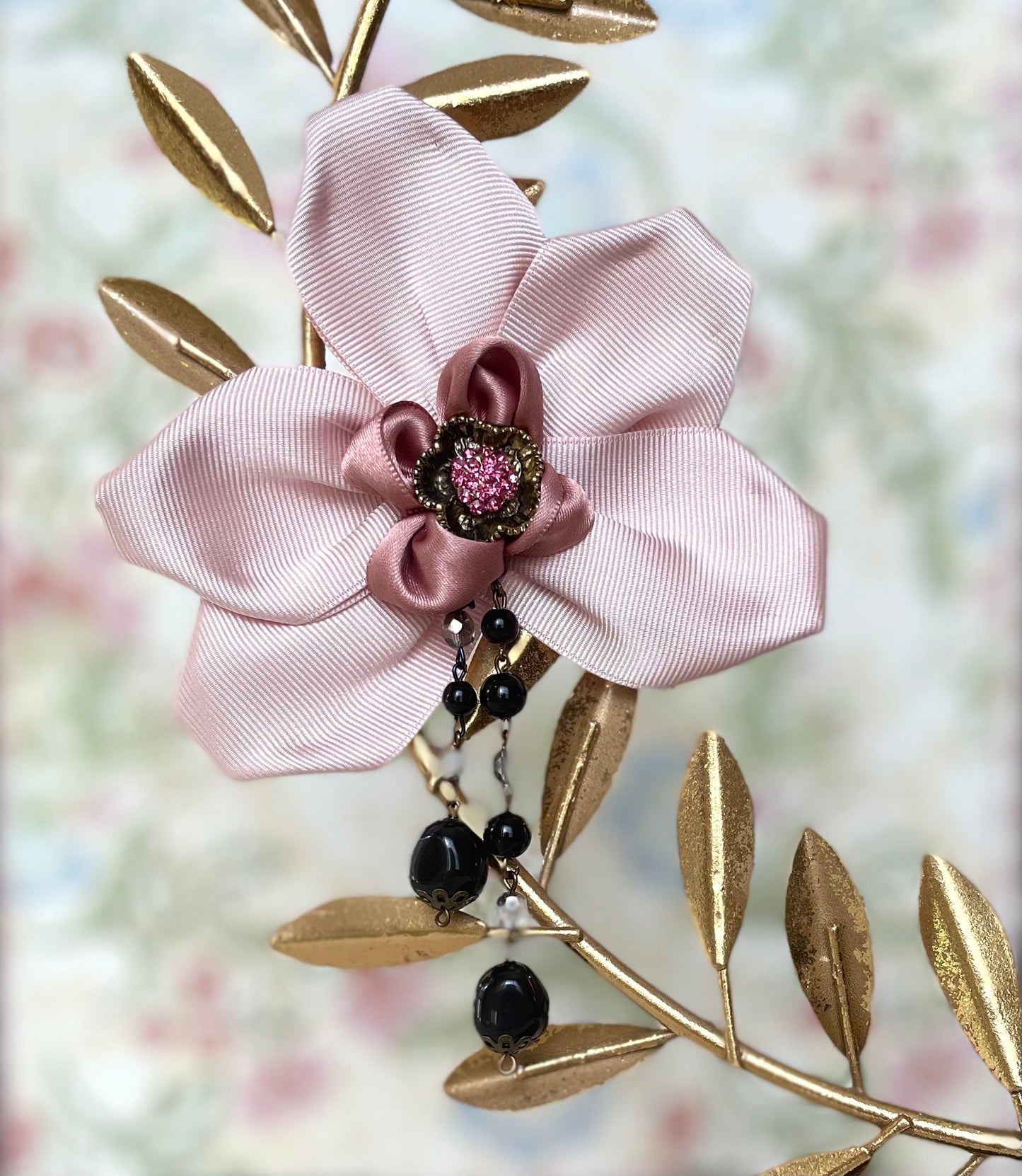 Ribbon Orchid Satin Floral Brooch with Black Pearls
