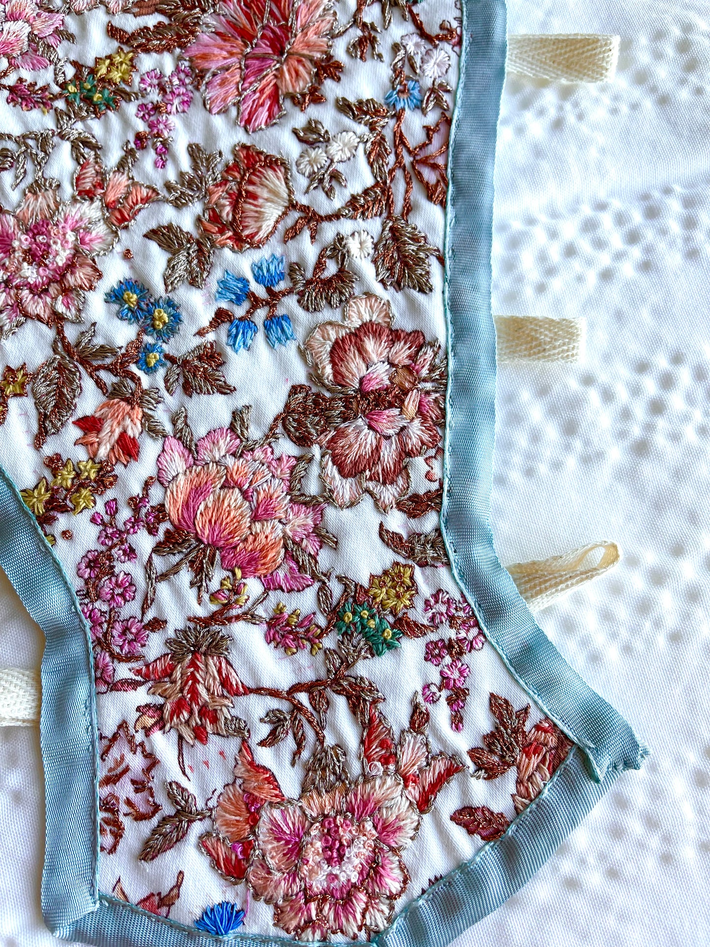 18th Century French Stomacher Opulent Hand Embroidery in Floral Pink and Metallic Thread, 1700s Historical Costumes