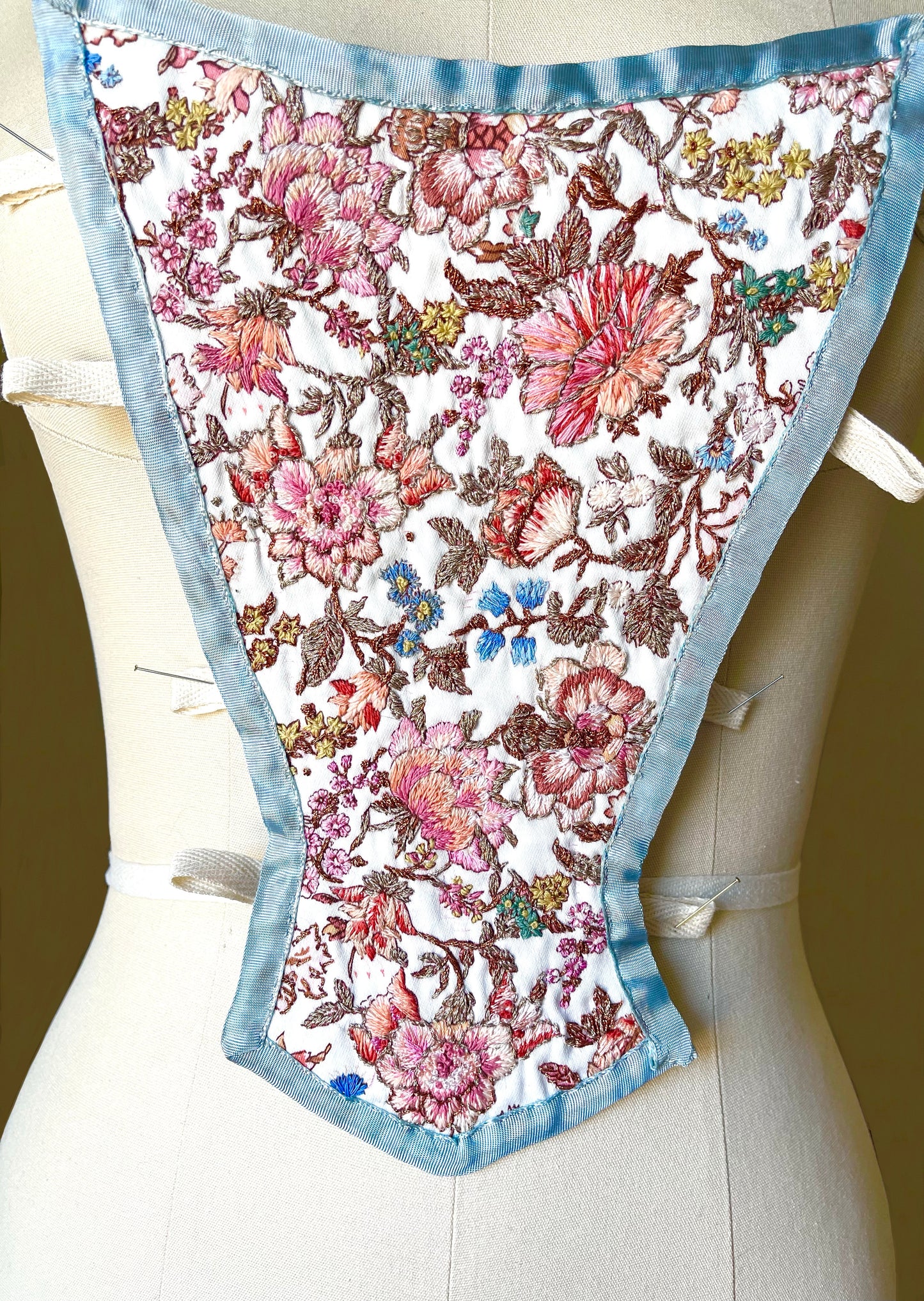18th Century French Stomacher Opulent Hand Embroidery in Floral Pink and Metallic Thread, 1700s Historical Costumes