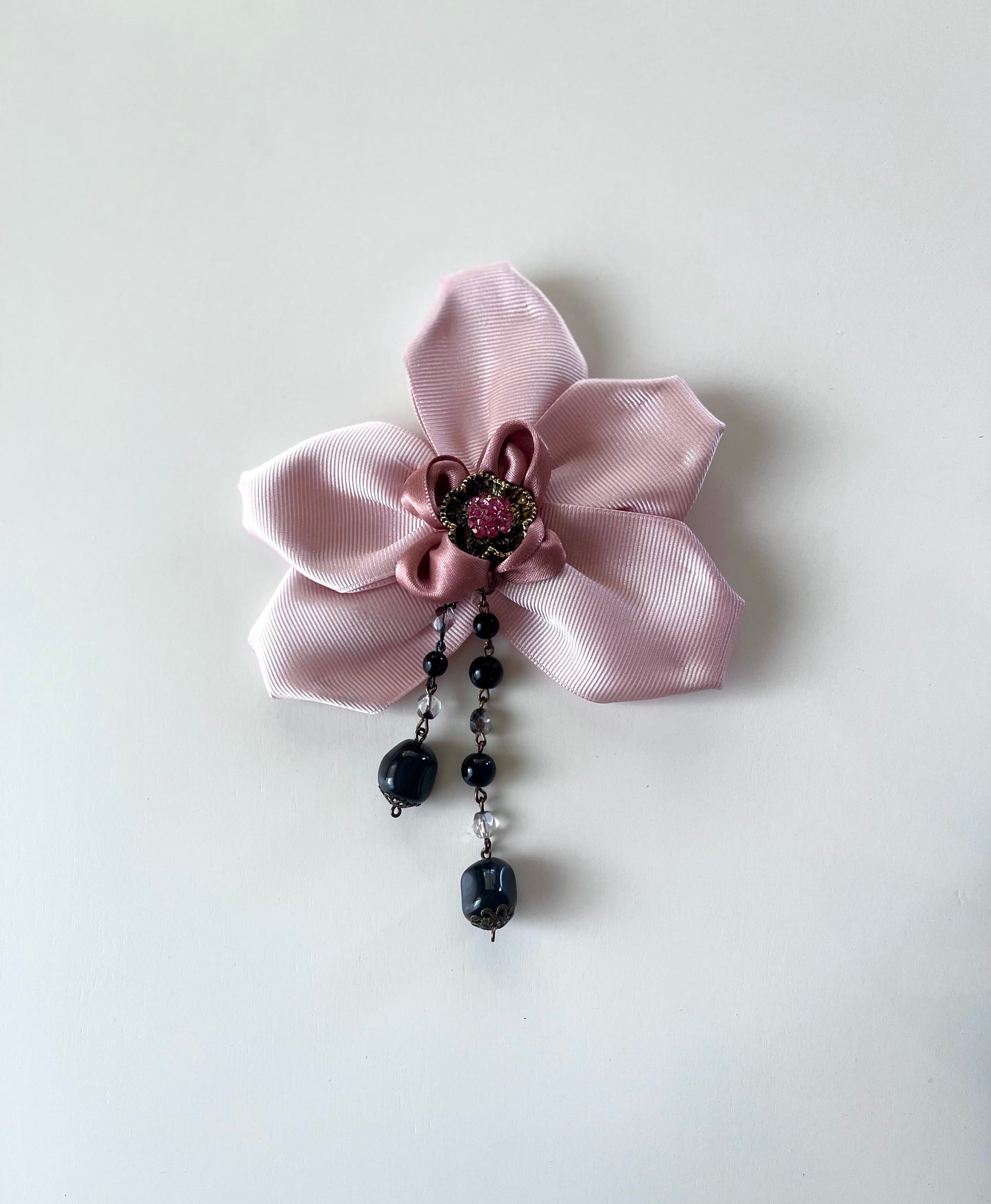Ribbon Orchid Satin Floral Brooch with Black Pearls