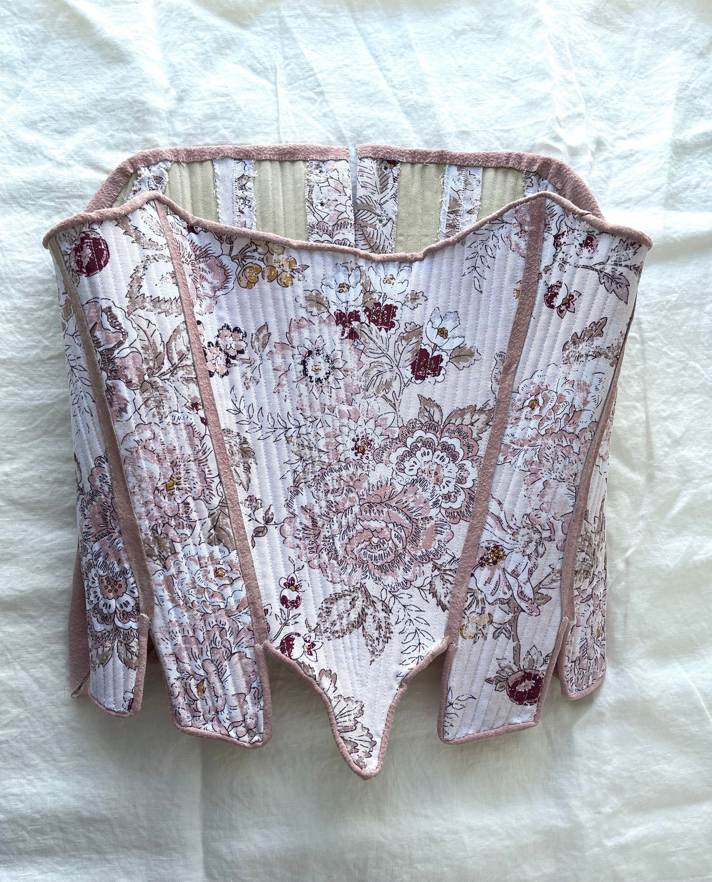 Custom 18th Century Stays Corset, Custom Size Measurements in Romantic Pink Floral Cotton Fabric, Strapless Fully Boned and Leather Edged