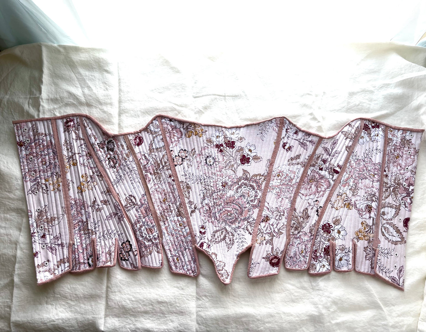 Custom 18th Century Stays Corset, Custom Size Measurements in Romantic Pink Floral Cotton Fabric, Strapless Fully Boned and Leather Edged