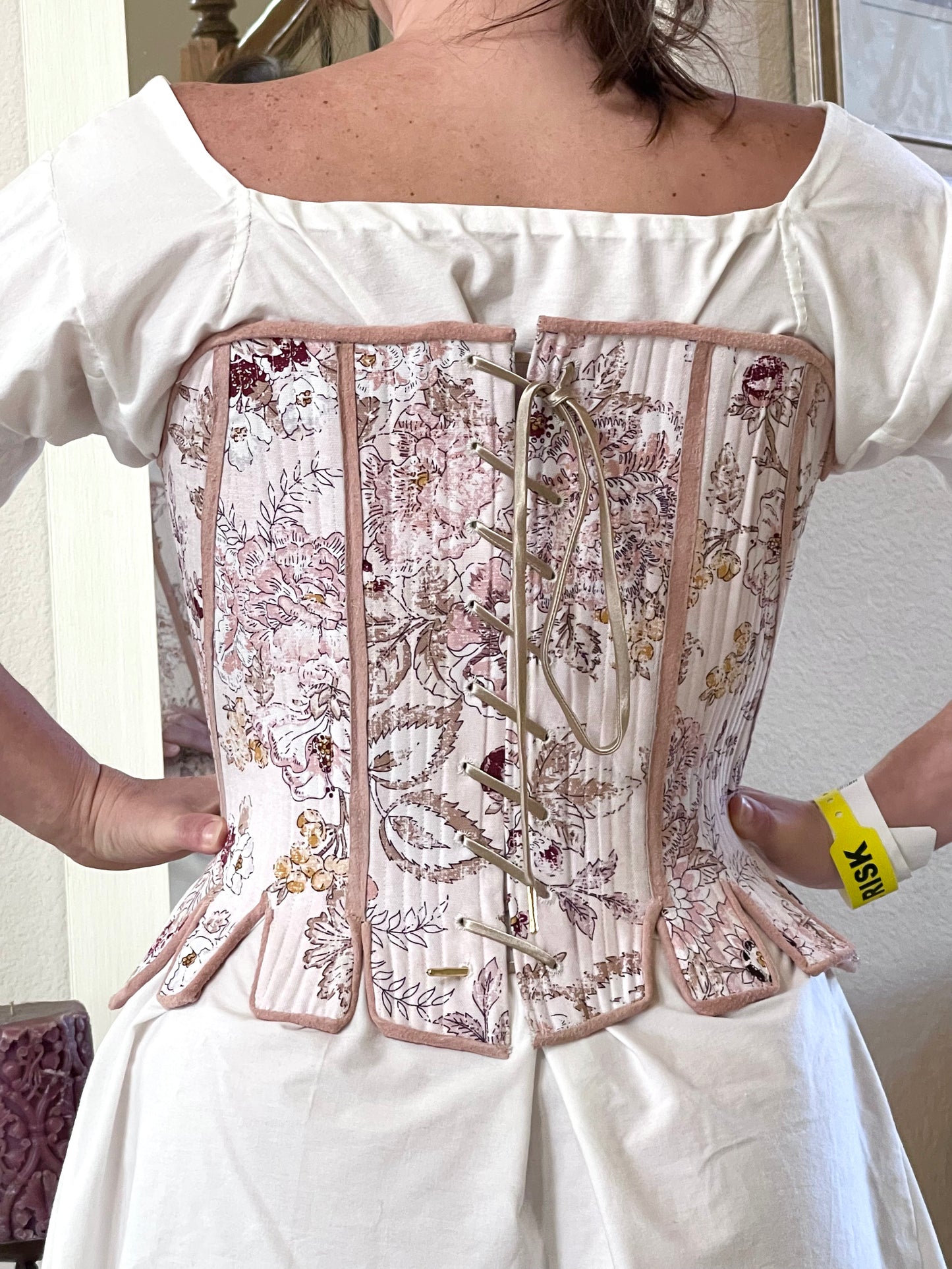 Custom 18th Century Stays Corset, Custom Size Measurements in Romantic Pink Floral Cotton Fabric, Strapless Fully Boned and Leather Edged