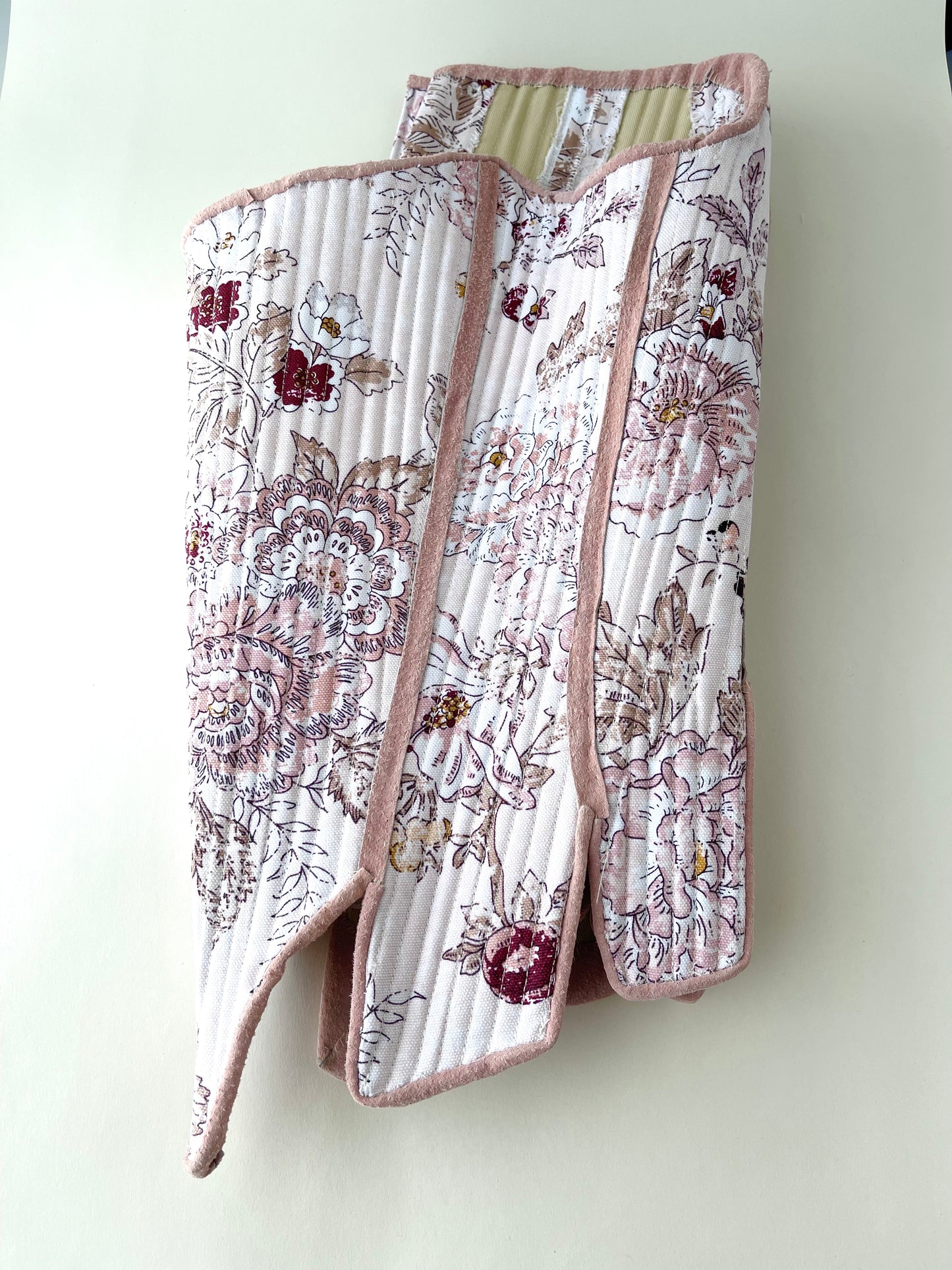 Custom 18th Century Stays Corset, Custom Size Measurements in Romantic Pink Floral Cotton Fabric, Strapless Fully Boned and Leather Edged