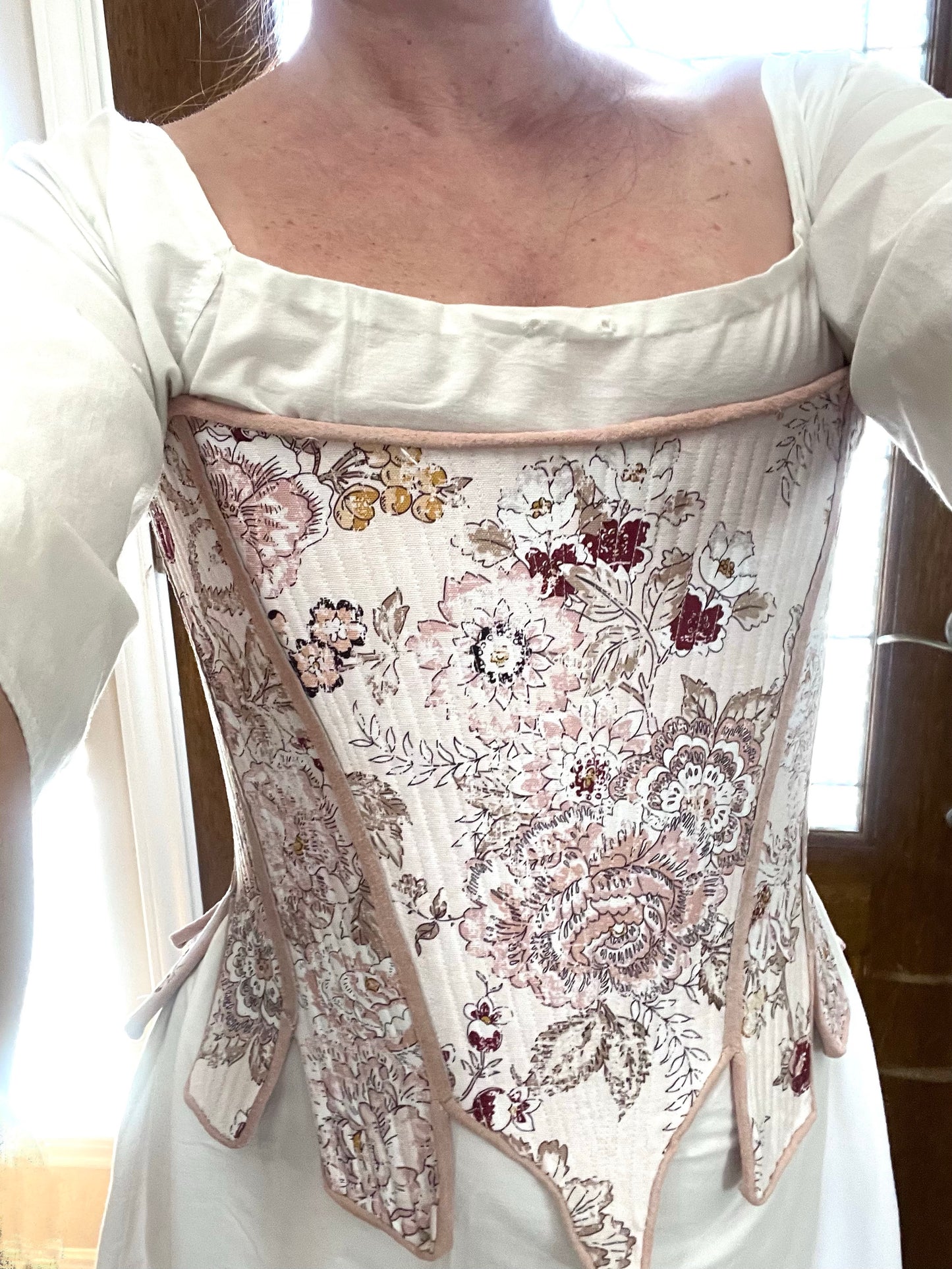 Custom 18th Century Stays Corset, Custom Size Measurements in Romantic Pink Floral Cotton Fabric, Strapless Fully Boned and Leather Edged
