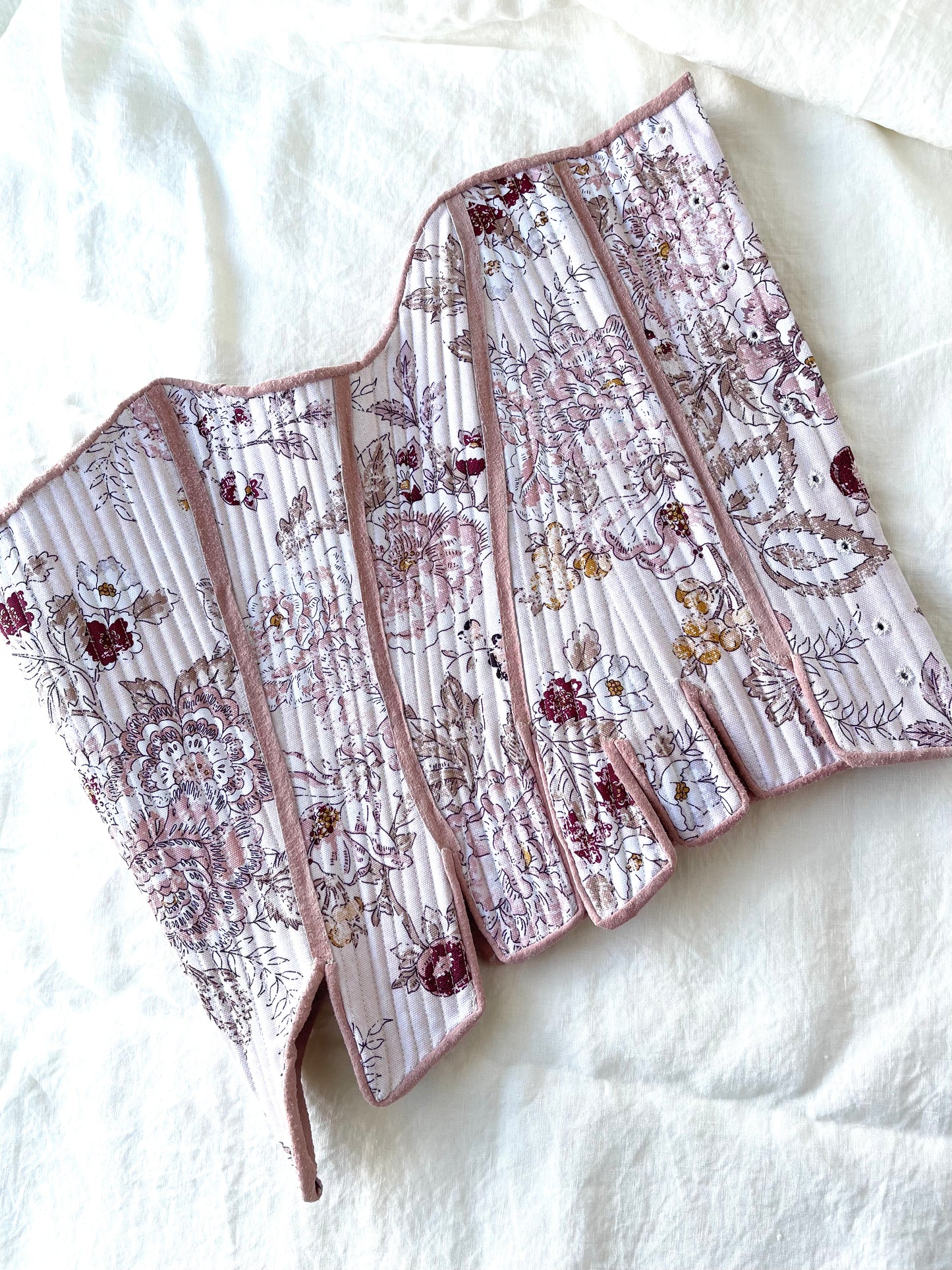 Custom 18th Century Stays Corset, Custom Size Measurements in Romantic Pink Floral Cotton Fabric, Strapless Fully Boned and Leather Edged