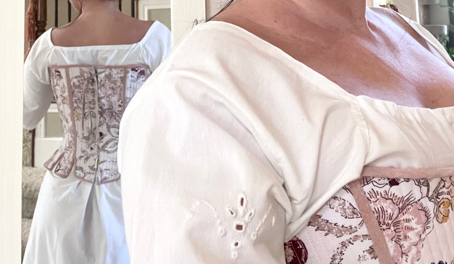 Custom 18th Century Stays Corset, Custom Size Measurements in Romantic Pink Floral Cotton Fabric, Strapless Fully Boned and Leather Edged