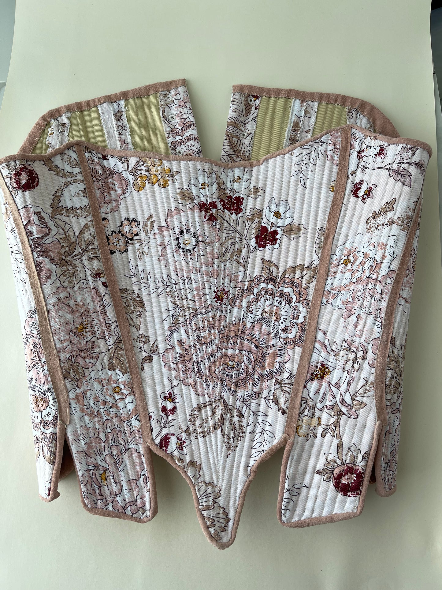 Custom 18th Century Stays Corset, Custom Size Measurements in Romantic Pink Floral Cotton Fabric, Strapless Fully Boned and Leather Edged